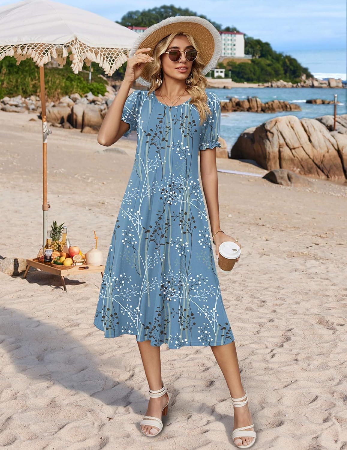Zeagoo Womens Summer Dress Casual Midi Dresses 2026 Short Puff Sleeve Flare Dress Pleated Flowy Sundress with Pockets - Image 3