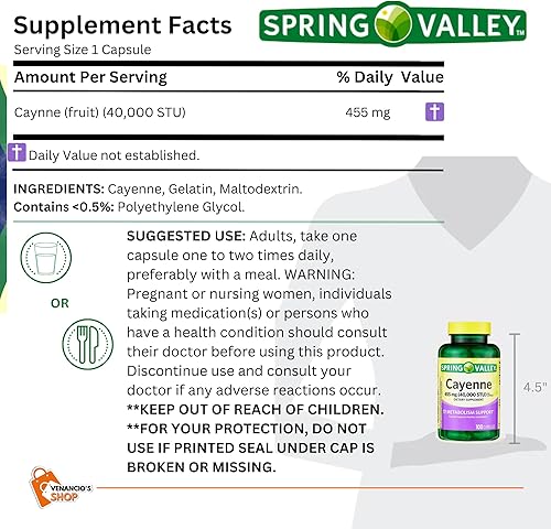 Miniatura 7 de Spring Valley - Cápsulas de cayena de 455 mg (fruta de cayena - 40,000 STU), suplemento dietético, apoyo a base de hierbas + incluye adhesivo