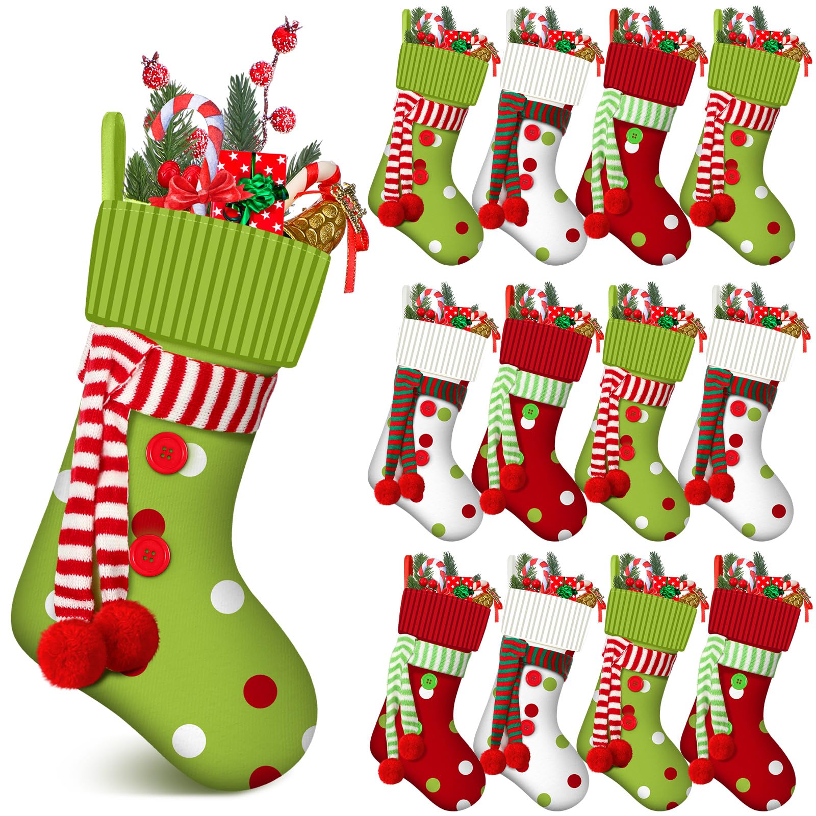 Newcotte 12 Stück 50,8 cm große Weihnachtsstrümpfe, Elfe, Weihnachtsstrümpfe, rot, grün, weiß, Weihnachtsdekoration für Urlaub, Kamin, Baumdekoration, Geschenk, Geschenk