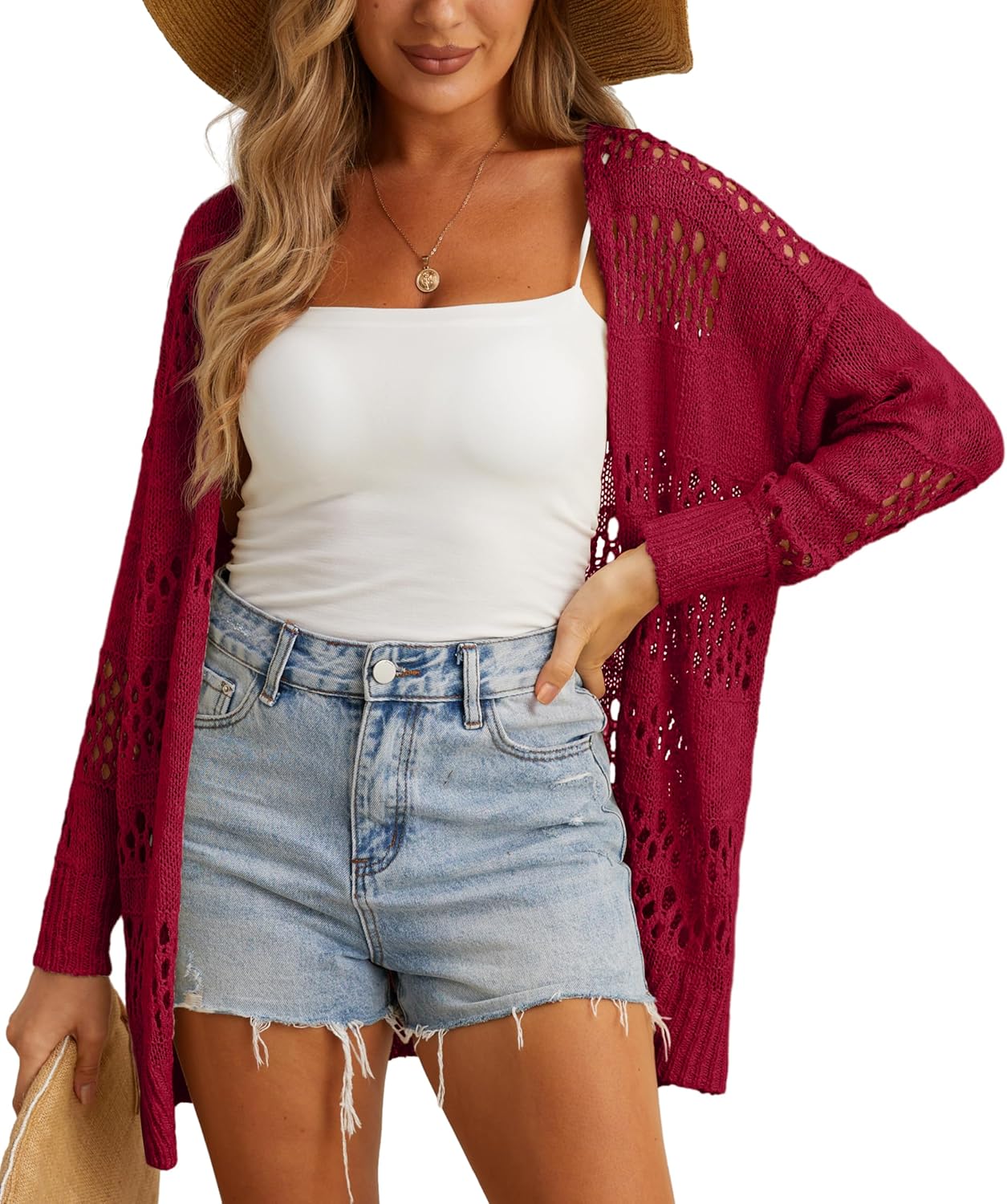 GRECERELLE 2025 Women Summer Crochet Boho Long Sleeve Lightweight Oversized Open Front Cardigan Sweaters Kimonos Tops