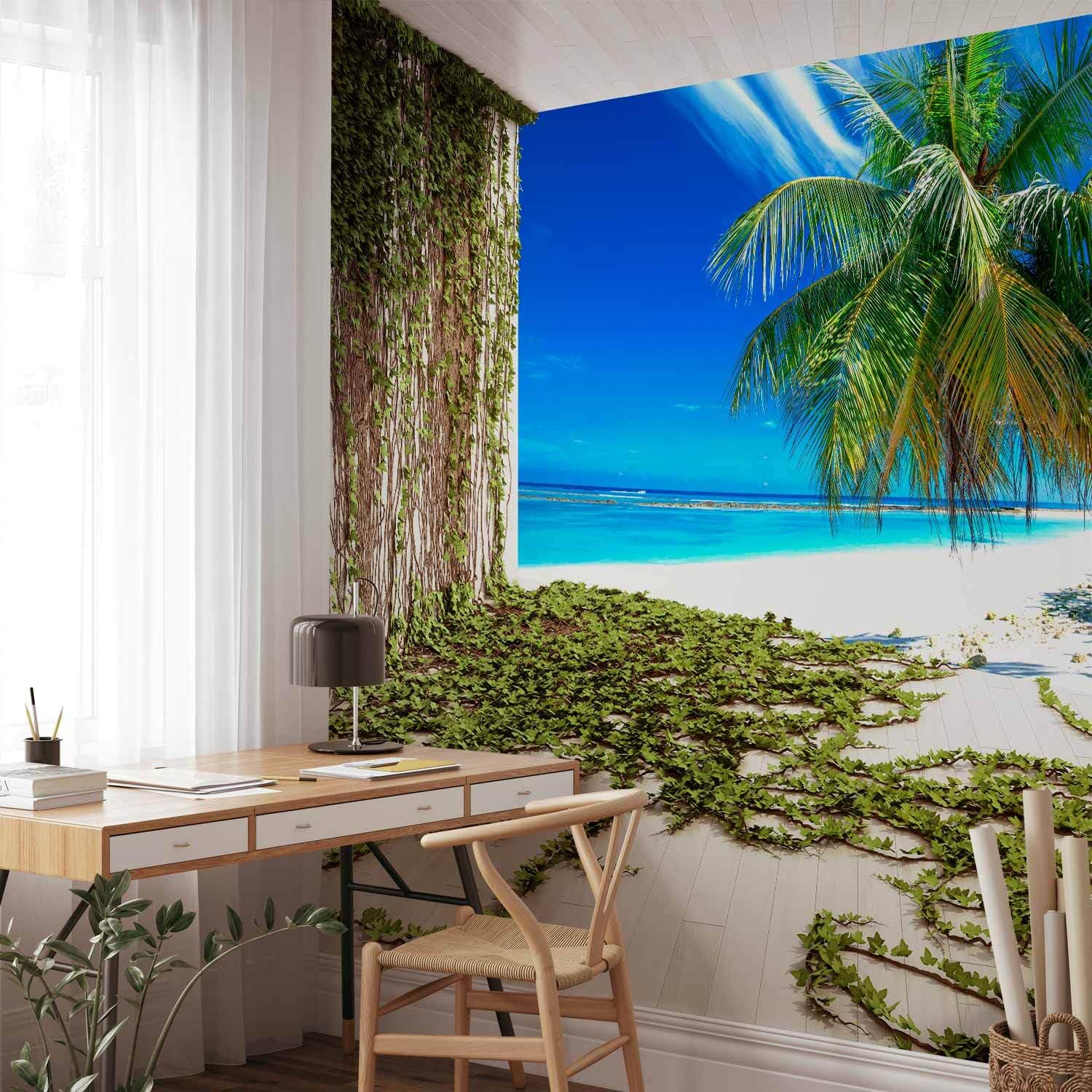 decomonkey Fotomural autoadhesivo Playa Mar Efecto 3D Palmeras 343x256 cm