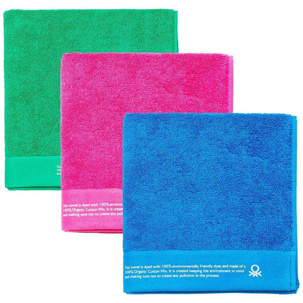 UNITED COLORS OF BENETTON. Set di 3 asciugamani 70 x 140 cm cotone biologico 450 gsm blu, rosa e verde