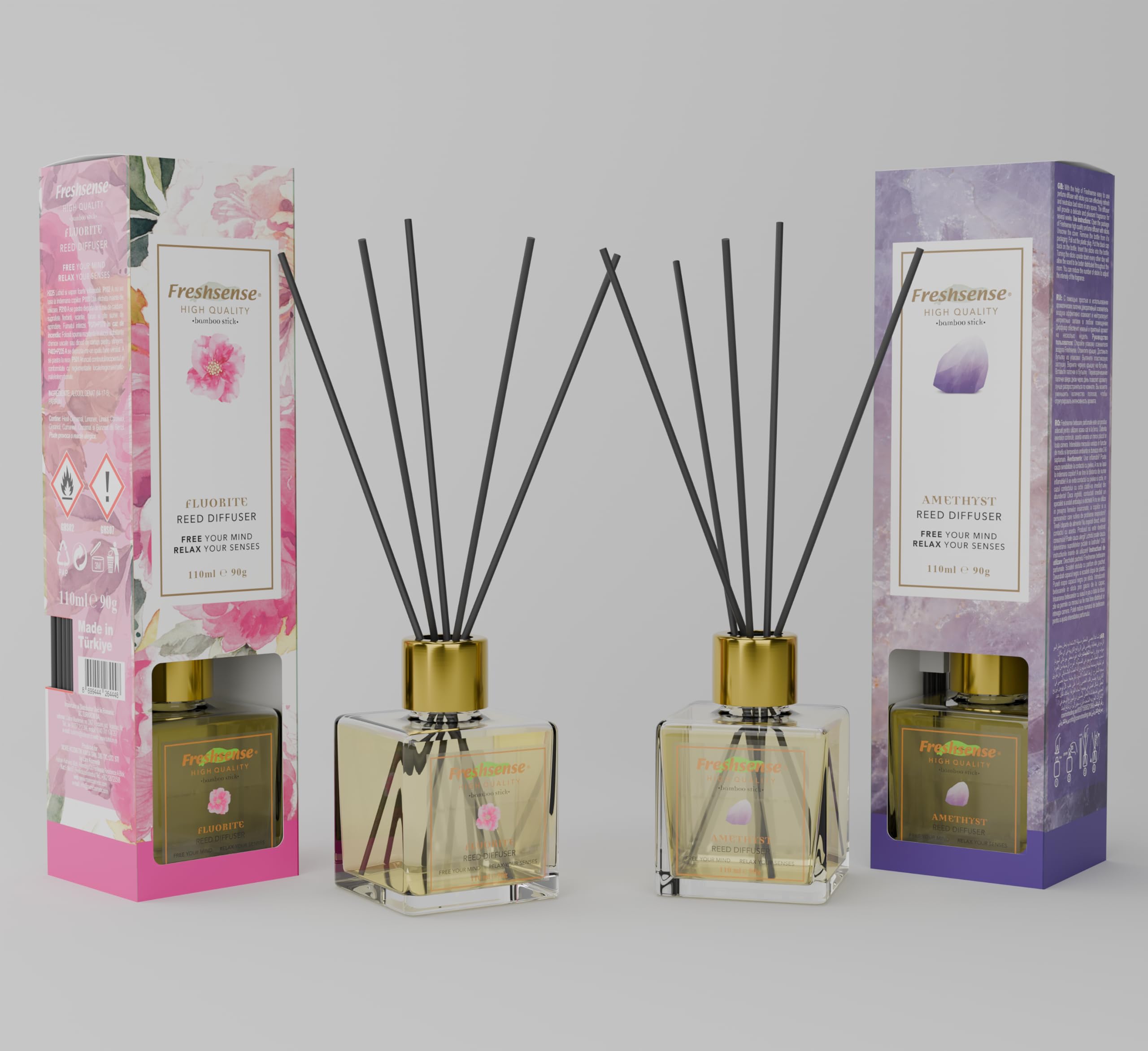 AMETHYST & FLUORITE Reed Diffuser (110ml x 2) – Air Freshener | FRESH SENSE | Aromatherapy Essential Oil Diffuser for Home, Office, Toilet & Bathroom | Elegant Home Decor | Beauty of Rare Gemstones