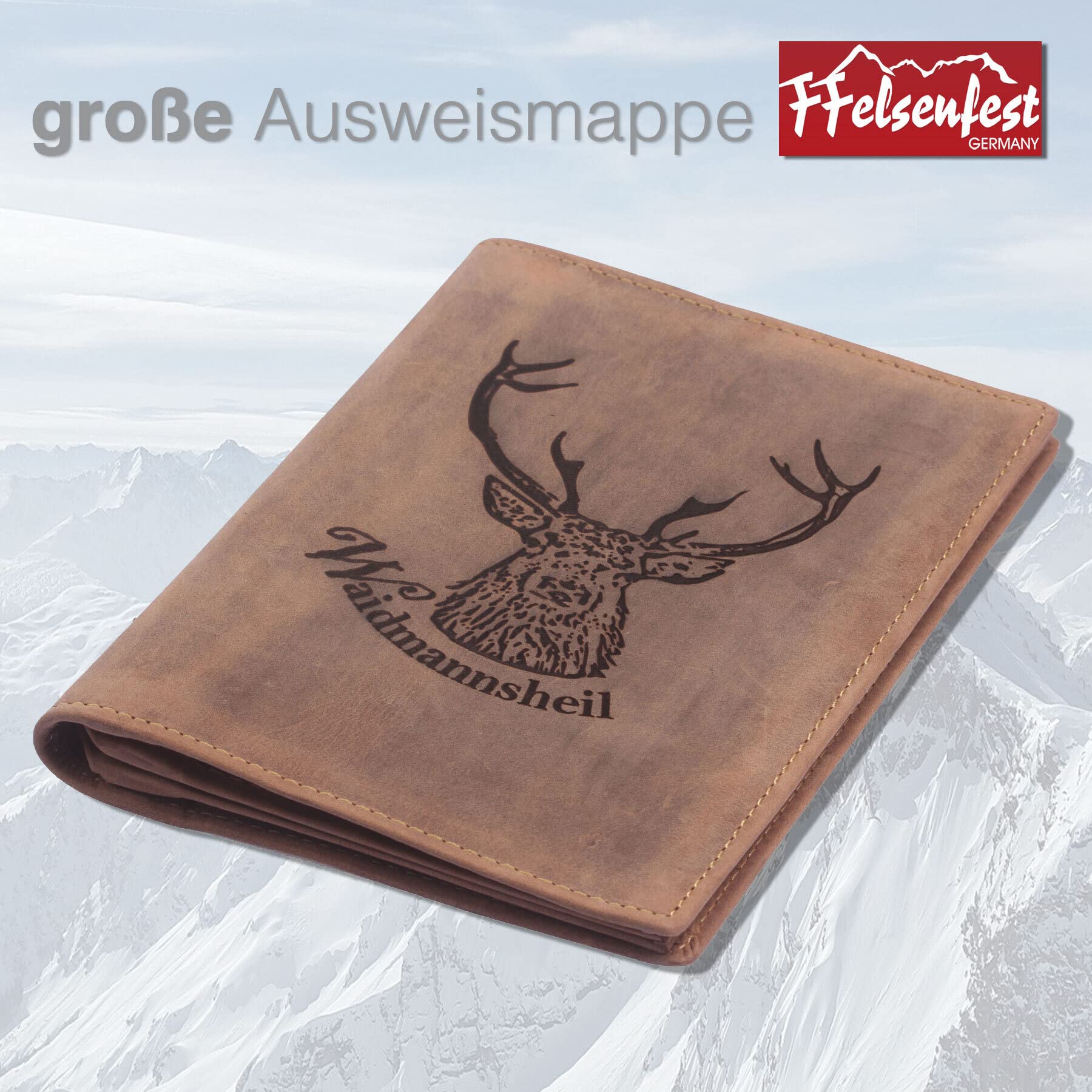 Jagdscheinmappe Leder mit Waidmannsheil Motiv I Heimtierausweis Impfpass Hülle DIN A6 Etui für Waffenschein Mappe Braun