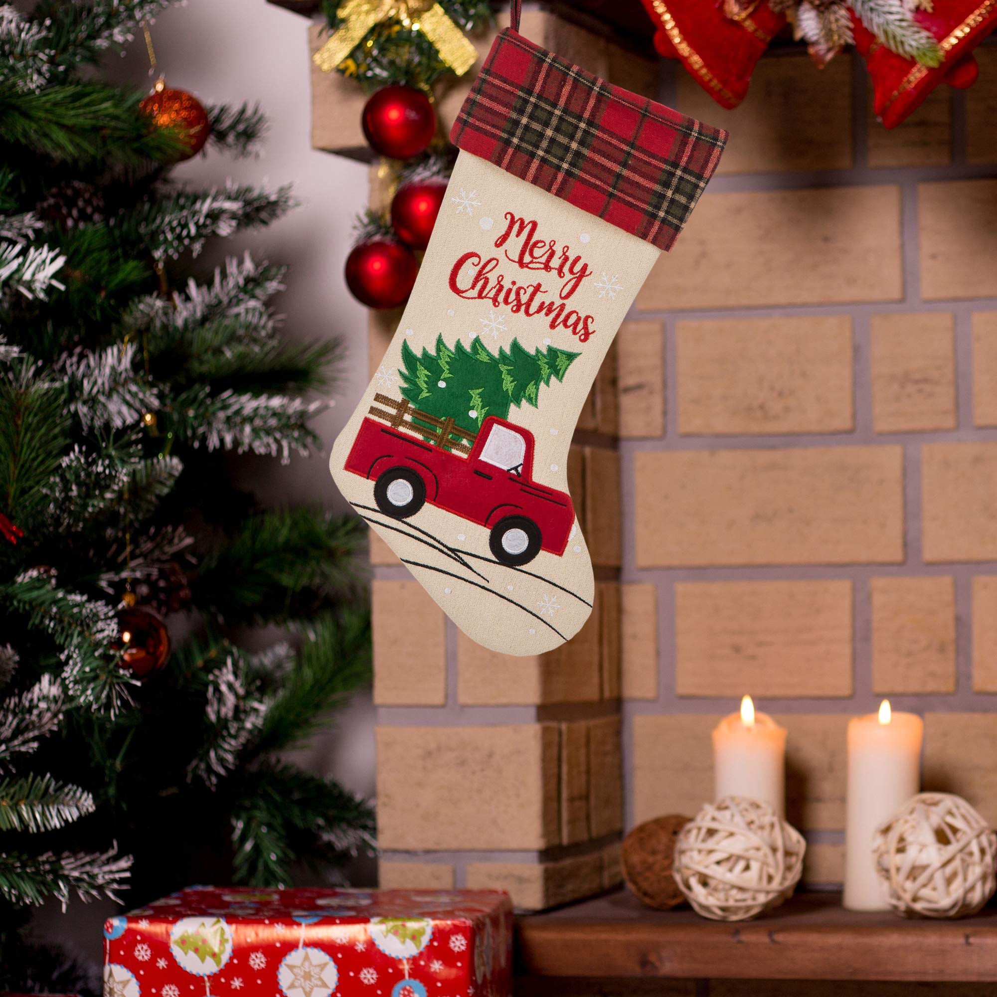 Glithome Chaussette de Noël en lin brodé avec crochet Motif camion Rouge 53,3 cm