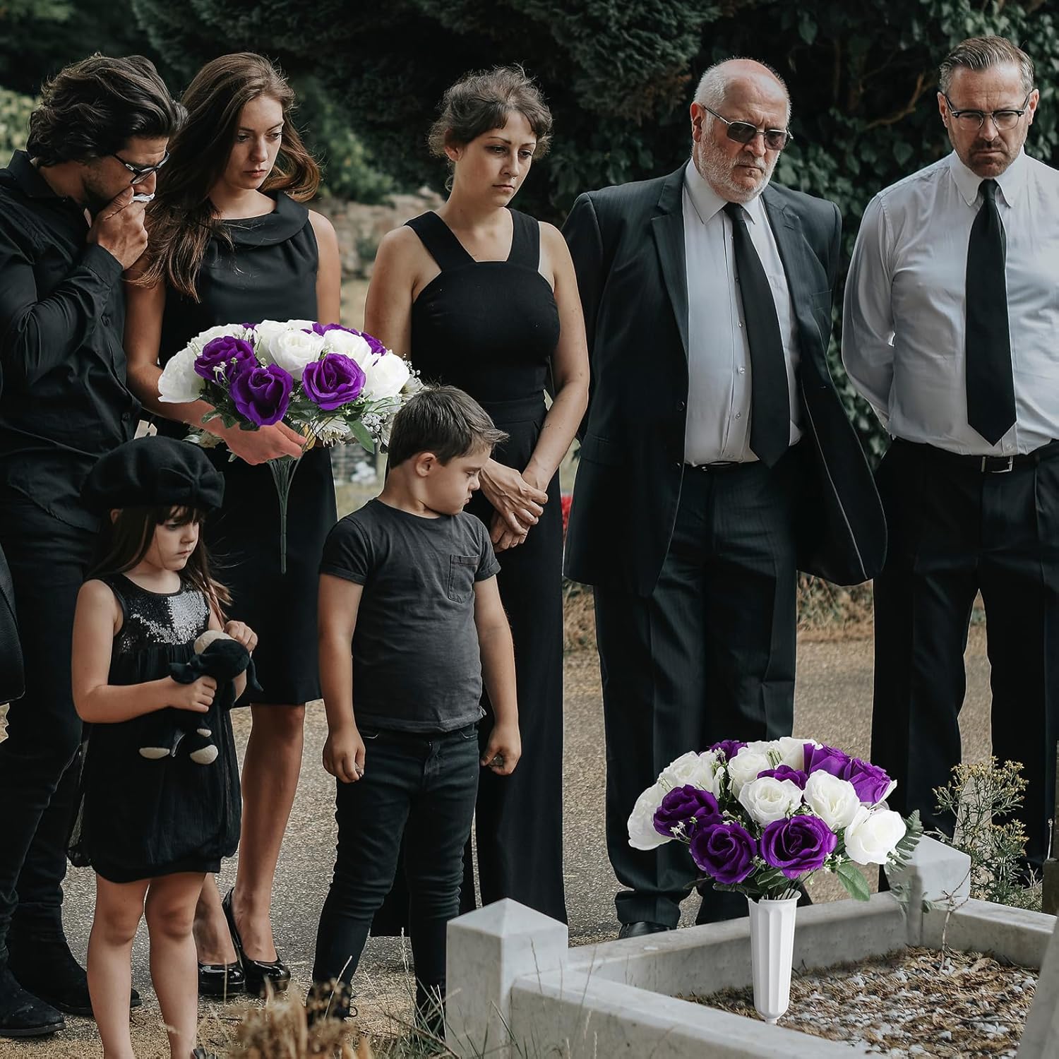 Hotop 2 Sets Memorial Day Flowers for Cemetery Artificial Cemetery Flowers for Grave Funeral Patriotic Arrangements Bouquet Decoration with Vase(Dark Purple and White)