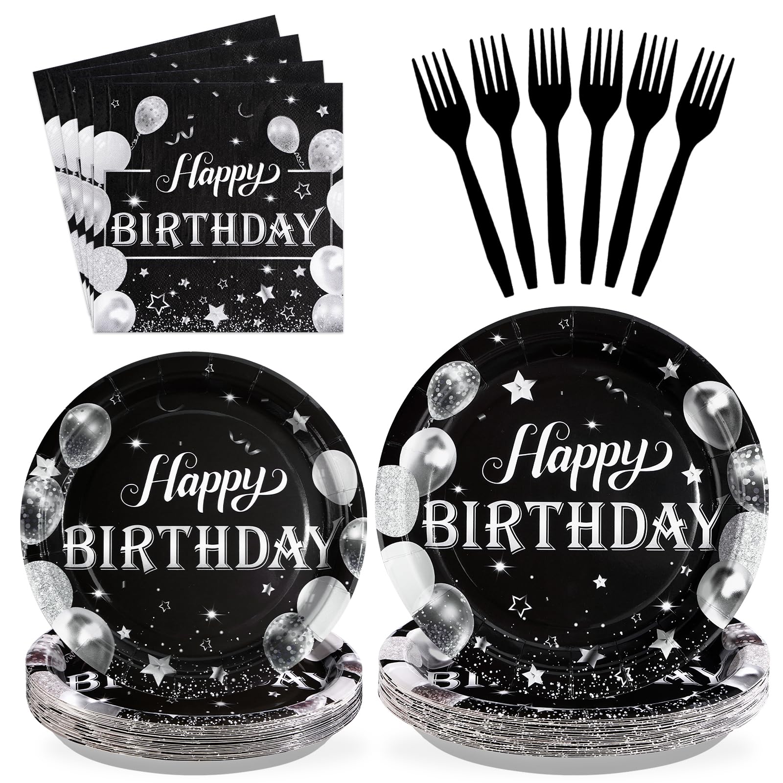 96Pcs Black and Silver Birthday Party Supplies Black and Silver Plates Disposable 350GSM Black White Tableware Set Black Birthday Party Decorations