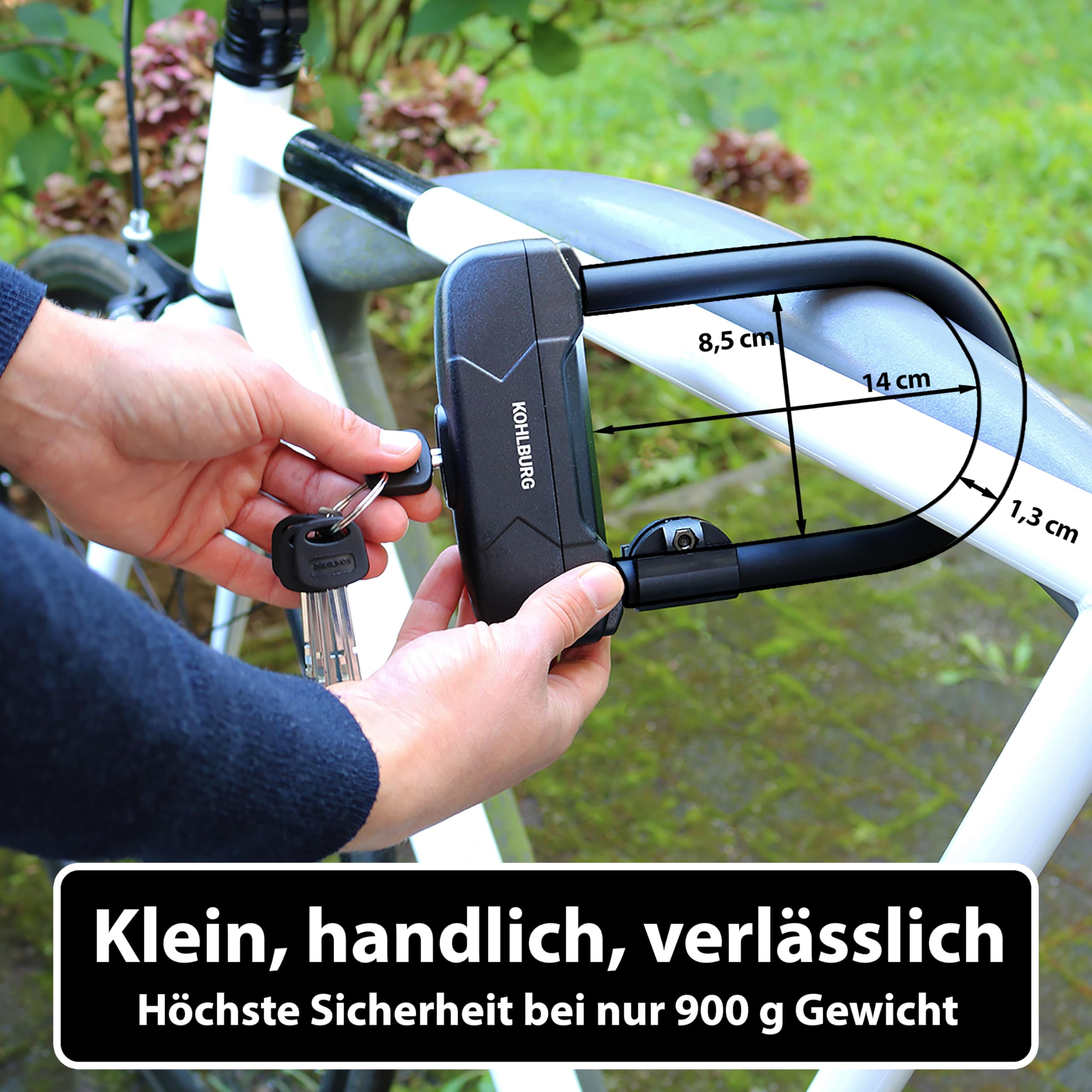 KOHLBURG kleines & leichtes Sicherheits Bügelschloss [900g leicht] - Fahrradschloss mit höchstem Sicherheitslevel 15 - mit 4 Schlüssel & Halterung - U Lock hohe Sicherheit für Fahrrad Ebike e-Scooter