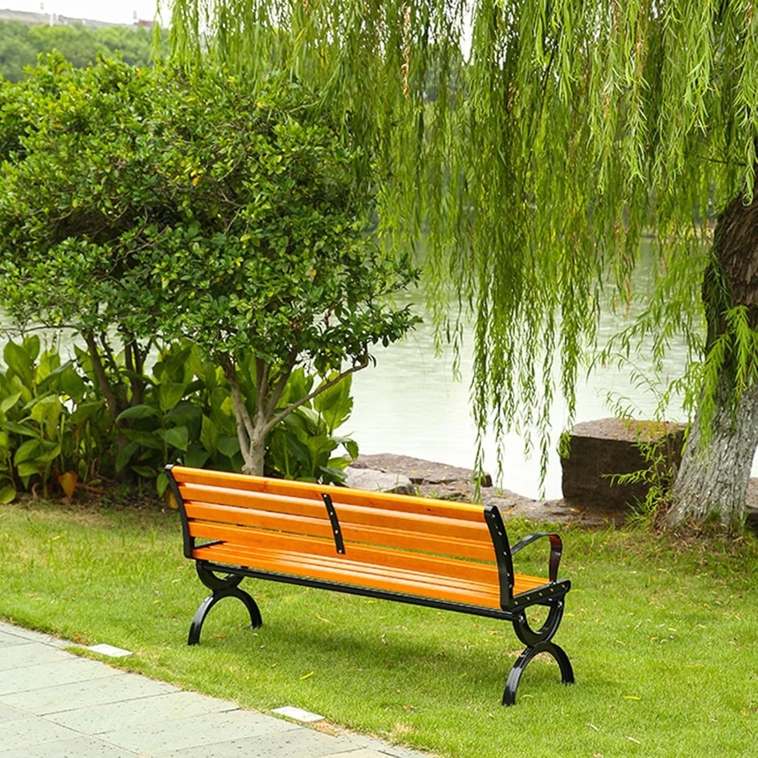 Solid Wood Park Chairs Do Not Fade and Rust-Proof Outdoor Benches Do Not Deform Garden Benches Anticorrosive Wood Iron Backrest Chairs(150 * 40cm)