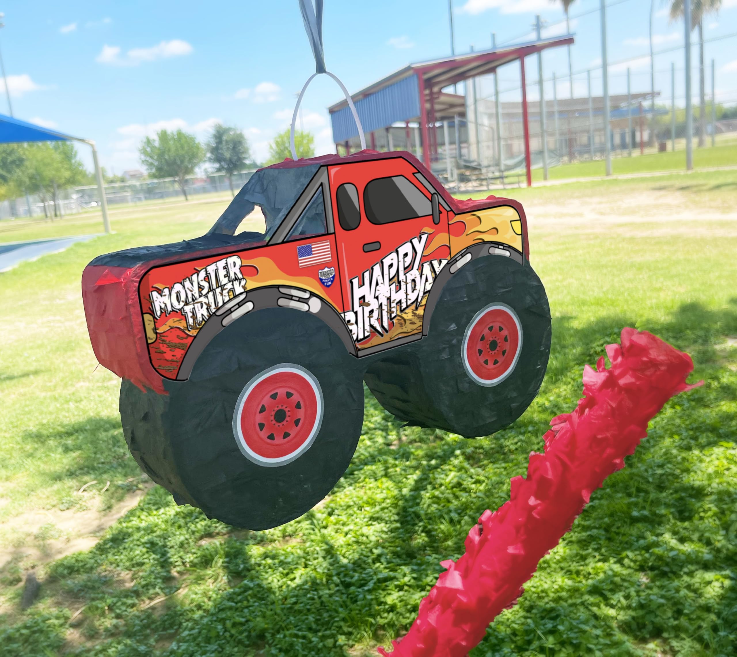 Monster Truck Piñata, 4 Piece Set, perfect for Kids Birthday Parties, Race Car Party Supplies fits piñata candy and party favors (16”X10”) durable! (Red Monster Truck)