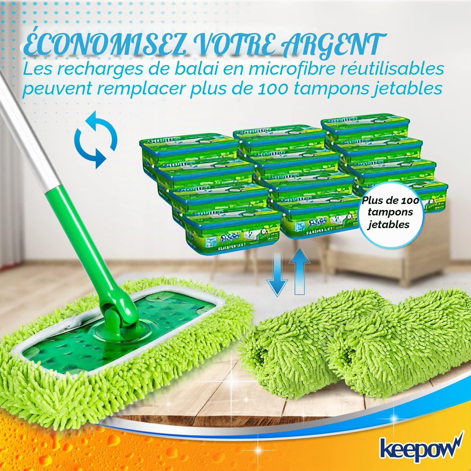 KEEPOW 4 Pcs Chiffons Réutilisables Compatibles avec Swiffer Balai, Lavables et Durables, Microfibres pour Swiffer Sweeper Mop, à Usage Sec et Humide (avec sac à linge)