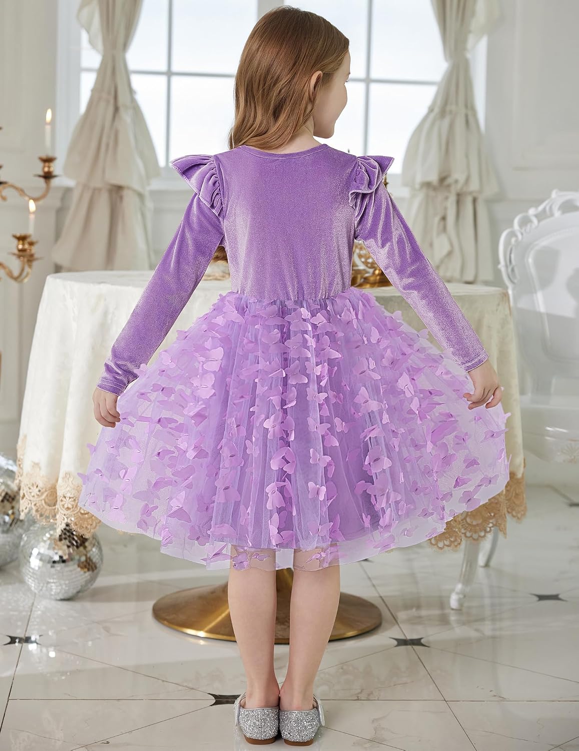 Arshiner Toddler Tutu Dresses Little Girls Velvet Tulle Fall Winter Long Sleeve Ruffle Holiday Party Dress 2-6Y