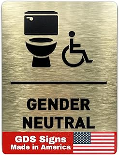 Gender Neutral Restroom Sign by GDS - ADA Compliant, Wheelchair Accessible, Raised Icons, & Grade 2 Braille - Includes Adhesive Strips for Easy Installation - Bathroom Signs for Business, Restroom Sign, Restroom Signs for Business - 6" W x 8" H (Brushed Gold) - Made in USA