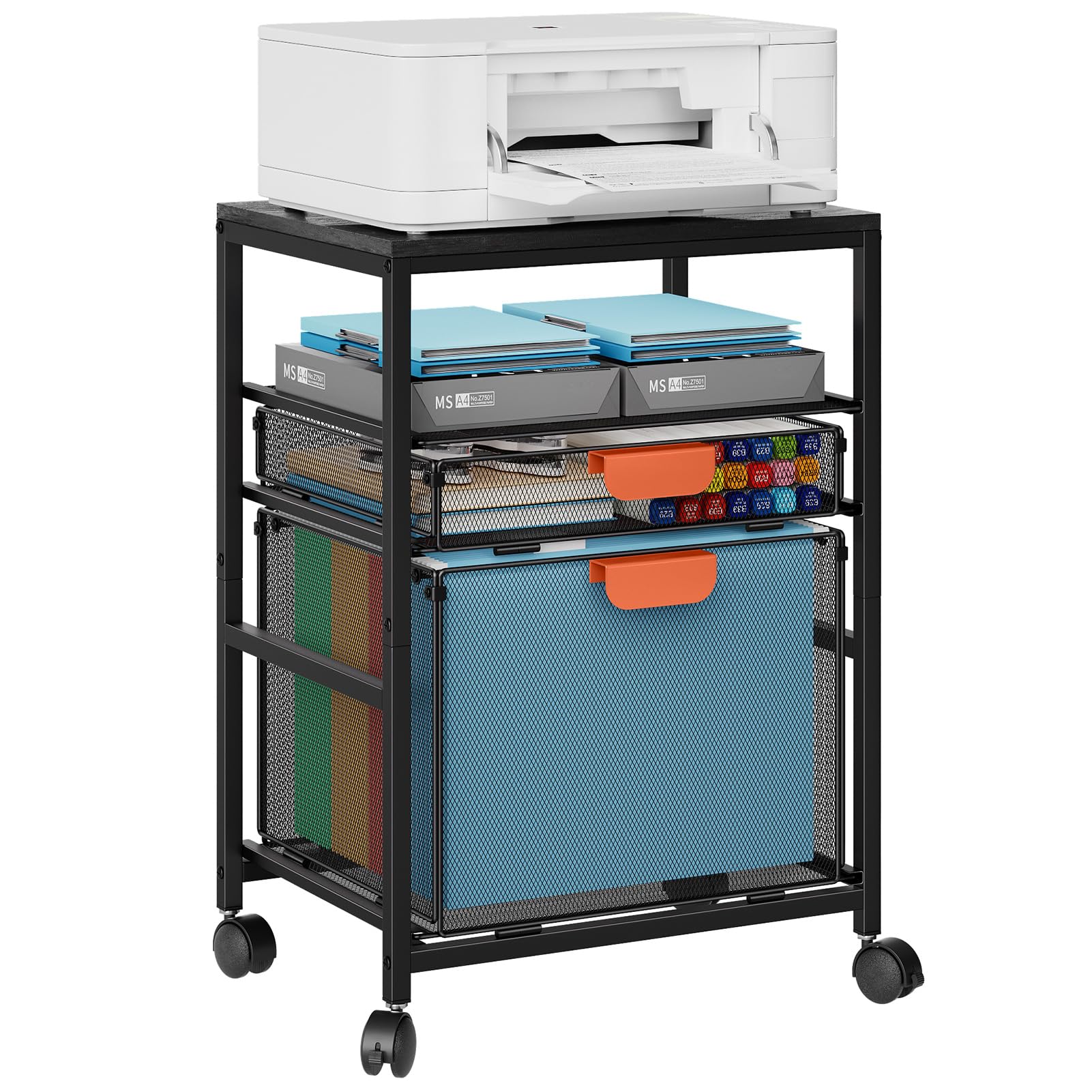 Marbrasse Soporte para Impresora con Almacenamiento,Carrito Grande con Ruedas,Mueble Organizador para Archivador con Cajones,Carrito para Impresora 3D,Teléfono Móvil,Oficina en Casa(Negro)