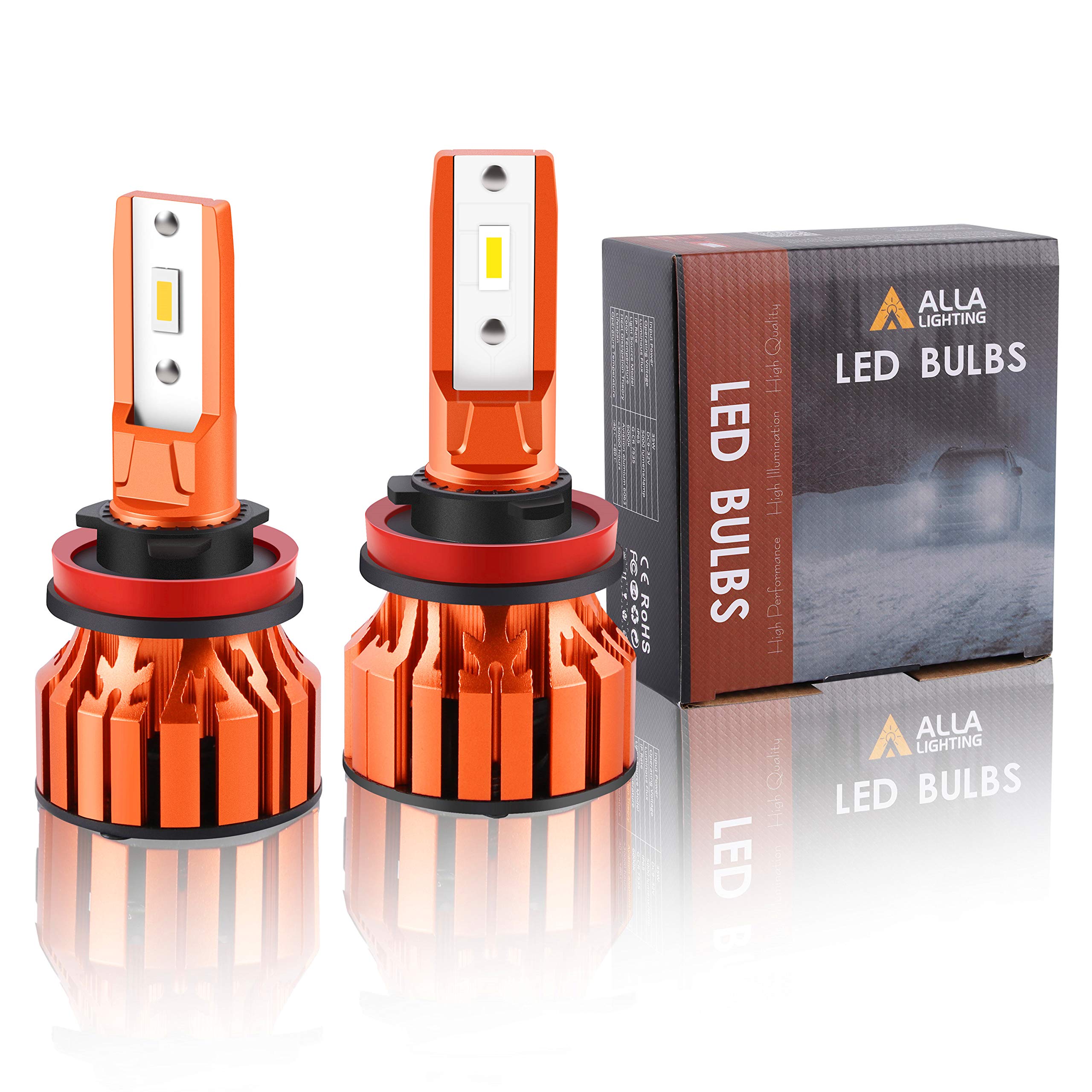 Alla Lighting Vision X-HL 10000 Lumens H8 H9 H11 LED Bulbs, 70W Xtreme Super Bright Headlights, Fog Lights or DRL Replacement Bulbs, Adjustable Beam, 6000K Xenon White