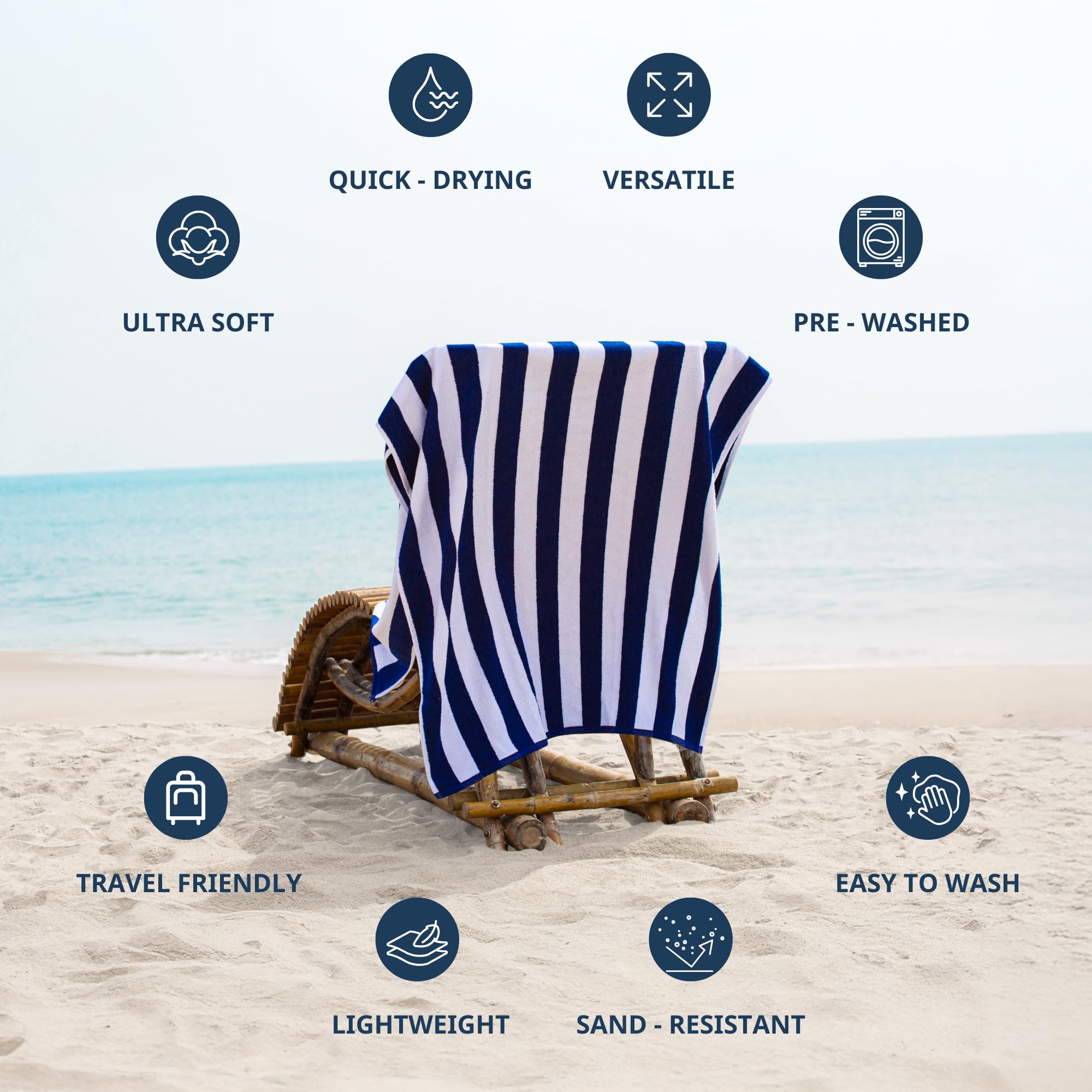 LANE LINEN 100% Baumwolle Strandtuch, 2 Stück Strandtücher Set, Cabana Stripe Pool Handtücher, Übergroße Strandtücher für Erwachsene (76.2x152.4 cm), schnell trocknendes Handtuch,Blau E