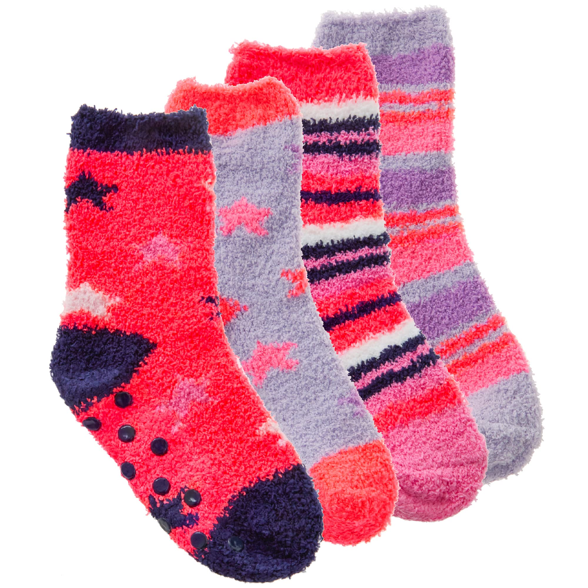 Metzuyan Kids Girls Fluffy Bed Socks Striped Stars Winter Socks with Grippers Non Skid 2-Pack UK 4-5.5