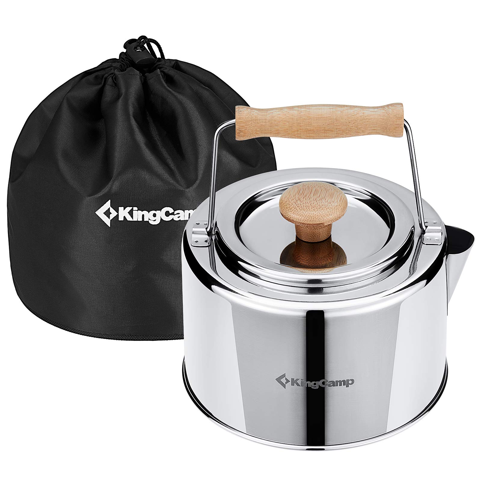 KingCamp Bouilloire de Camping Ultra-légère 1.2L Bouilloire Gaz Portable en Acier Inoxydable Alimentaire avec Manche en Bambou & Fuite de Thé Théières pour Camping Randonnée Pique-Nique Cuisine