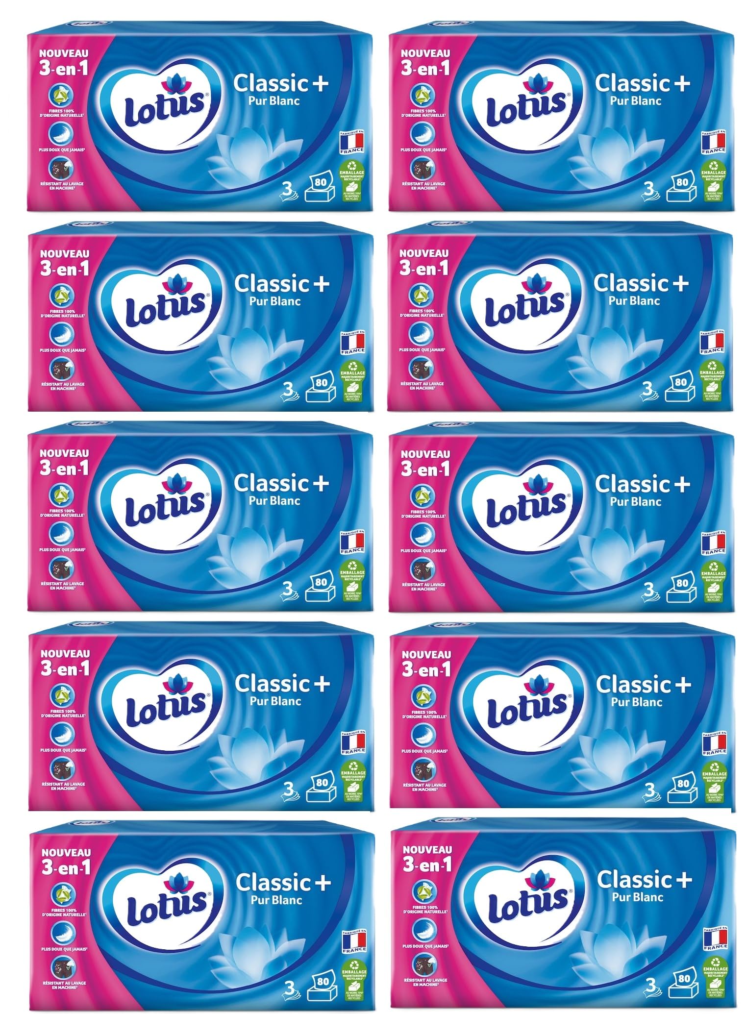 Lotus Mouchoirs Classic+ Pur Blanc 800 Mouchoirs blanc en boîte (Lot de 10 Boîtes x 80 Mouchoirs) 3 épaisseurs pour plus de confort - Offre Familial