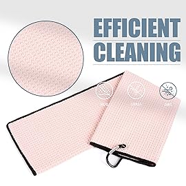 Mile High Life Tri-fold Golf Towel | 16 X 24 | Premium Microfiber Fabric | Waffle Pattern | with Heavy Duty Carabiner Clip | for Men and Women (2 Pack Pink)