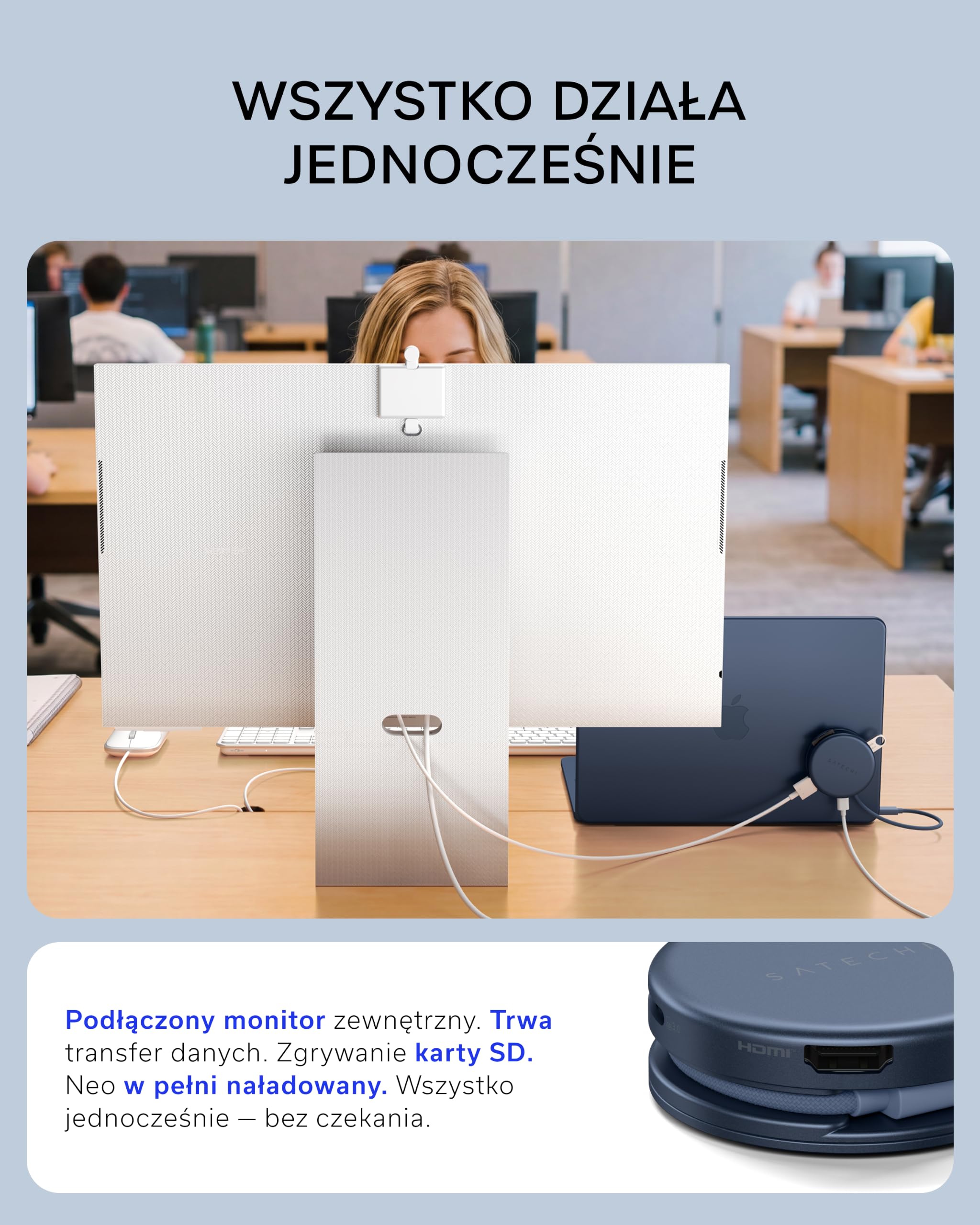 SATECHI hub USB-C OntheGo™ 5 w 1, HDMI 4K@60 Hz, indygo | PD 60 W, czytnik kart SD oraz porty USB-A i USB-C 5 Gb/s, dopasowany do MacBooka Neo