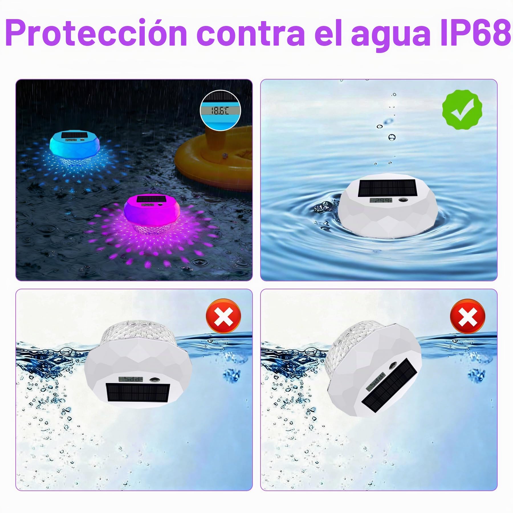 Termómetro digital solar para piscina – Termómetro flotante con pantalla LED y función de temporizador, 8 efectos de luz dinámicos, IP68 resistente al agua, funciona con energía solar, para