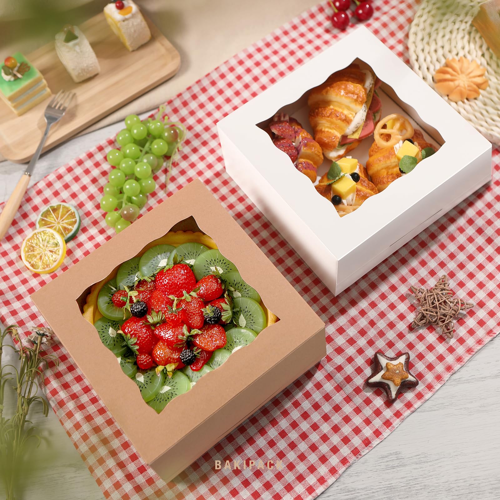 25 cajas de panadería blancas con ventana, 20 x 20 x 10 cm con ventana, cajas de dulces para pastelería, cupcakes, galletas, magdalenas, pasteles