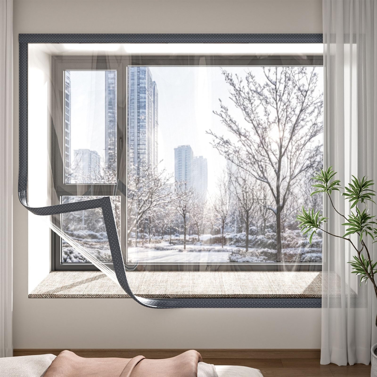 Transparente Winddichte Thermovorhang mit Reißverschluss, Winterversiegelte Selbstklebende Thermovorhänge, Robust Und Verschleißfest(Black,110cmX150cm)