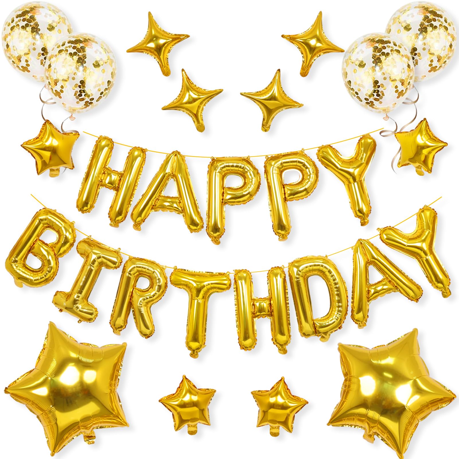 Happy Birthday Balloon, Gold Happy Birthday Decorations, 16 Inches Inflatable Mylar Foil Reusable Letter Birthday Banner with 14PCS Stars Balloons for Girls Boys Women Men Birthday Decorations