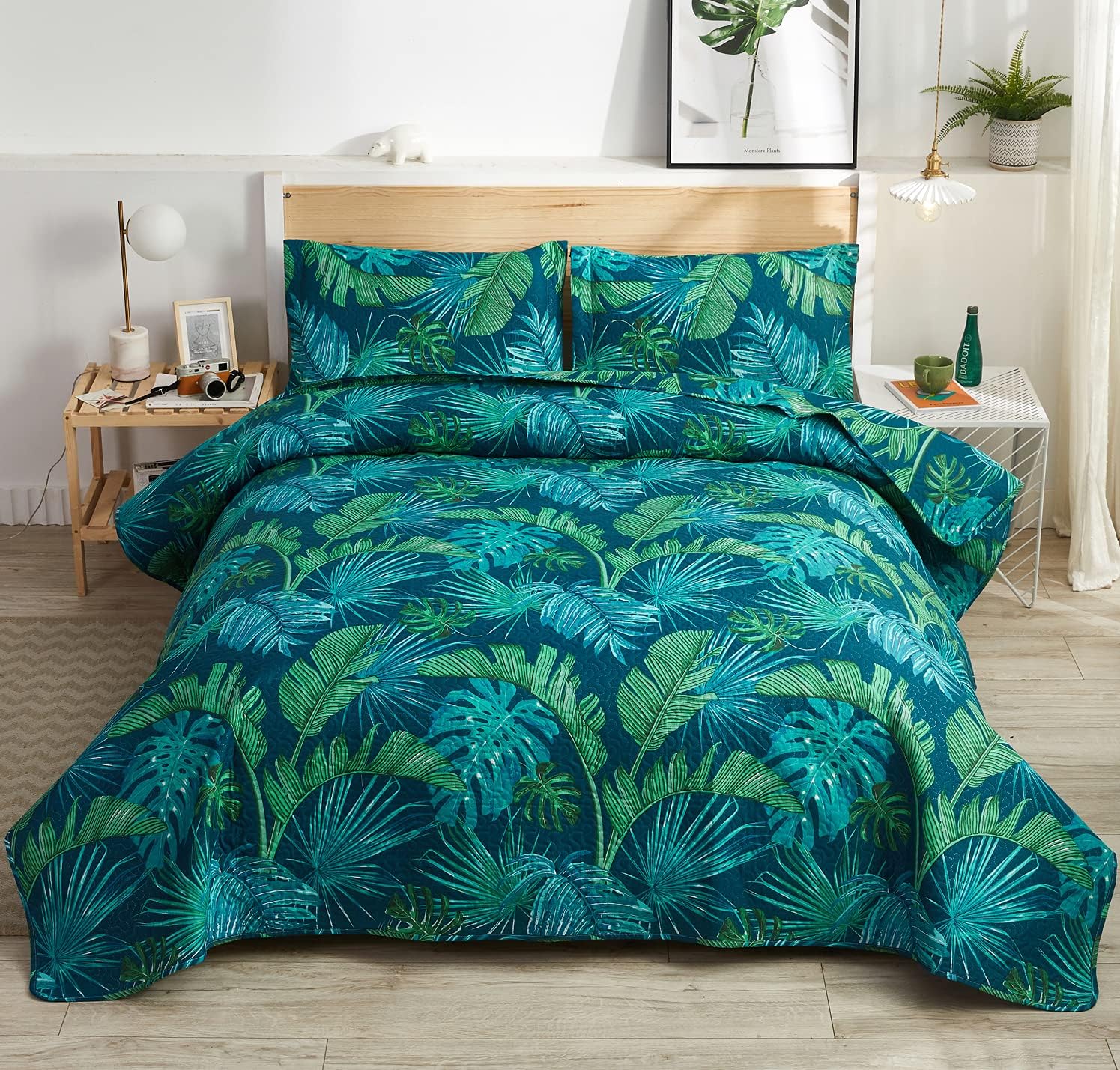 Green Palm Leaf Quilts Set Rainforest Leaves Summer Bedding Twin Size,3Pcs Lightweight Tropical Bedspreads Reversible Jungle Plant Coverlet Sets Pillow Shams