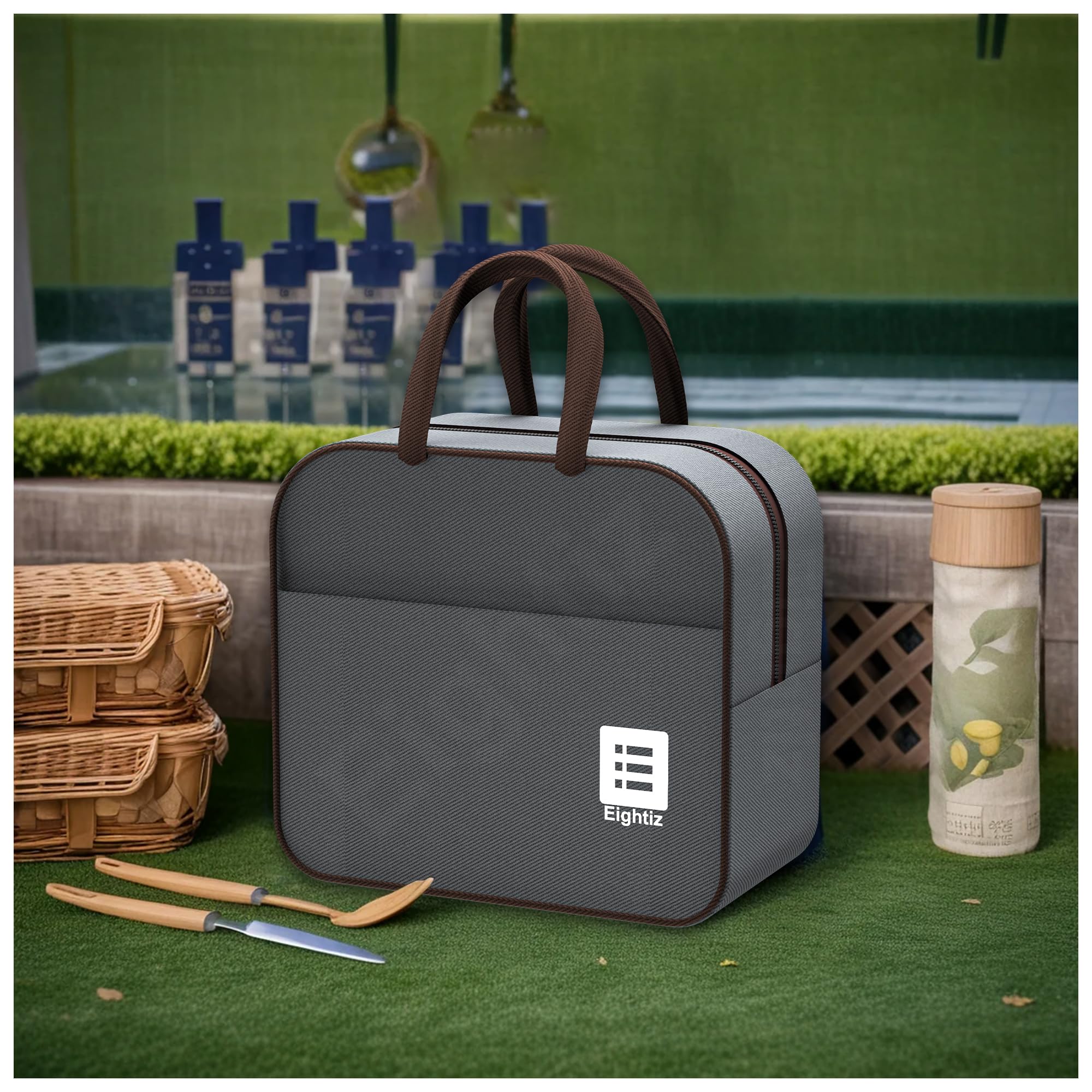 Eightiz Insulated Travel Lunch Bags for Women,Tiffin,Storage Bag for Office, College & School,Picnic,Outdoor,Trekking (Grey) (Cotton)-image-35