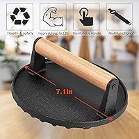 Vista 2 de HaSteeL Prensa de parrilla de hierro fundido individual, prensa de hamburguesa de tocino resistente de 7 pulgadas con mango de madera, prensa