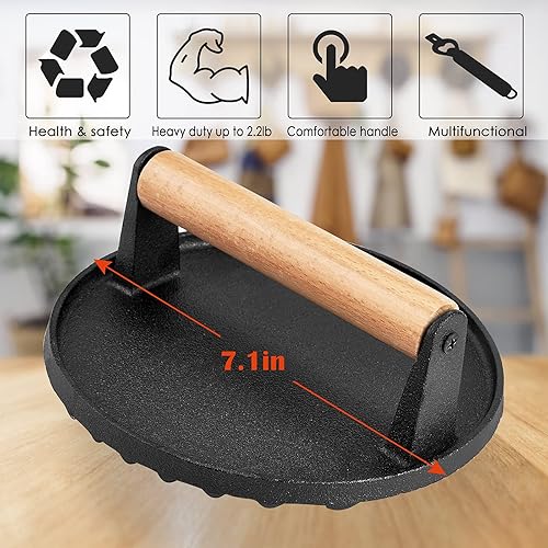 Miniatura 2 de HaSteeL Prensa de parrilla de hierro fundido individual, prensa de hamburguesa de tocino resistente de 7 pulgadas con mango de madera, prensa de