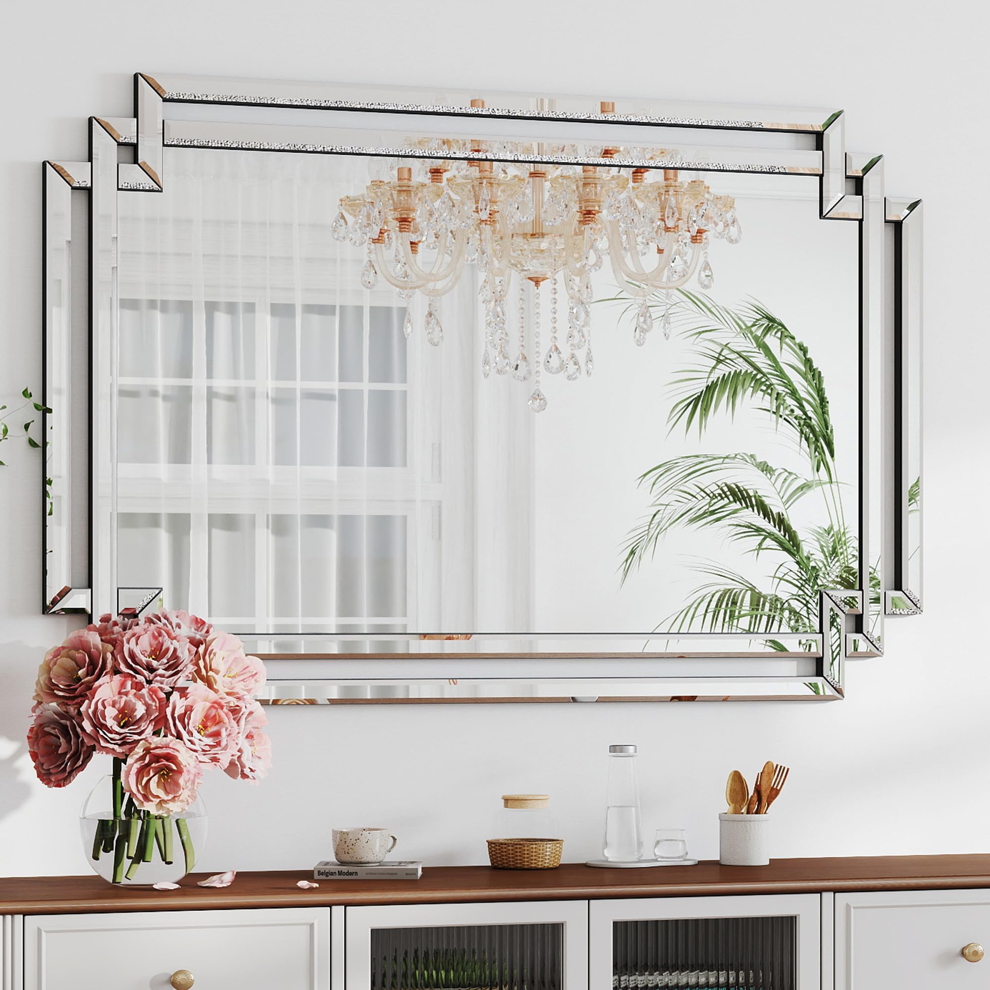 Photo 1 of Autdot 36" X 47" Large Decorative Wall Mirror for Decor, Large Elegant Living Room Mirror with Glass Pieces and Beveled Edge, Modern Bathroom Mirror Hang Horizontally or Vertically