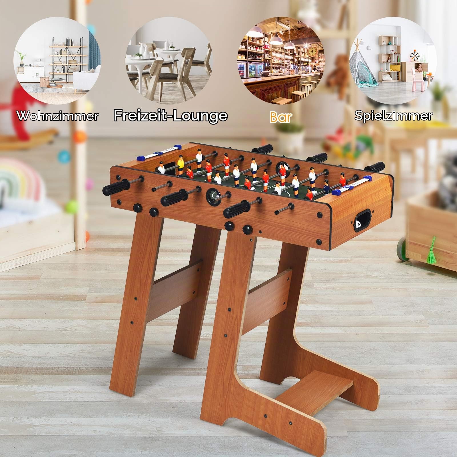 DREAMADE Kickertisch klappbar, Tischkicker inkl. 2 Bällen und 18 Spielfiguren, Stabiler Fußballtisch aus Holz, Fußball-Spieltisch für Kinder und Erwachsene, für Spielzimmer, Partys, Holzfarbe