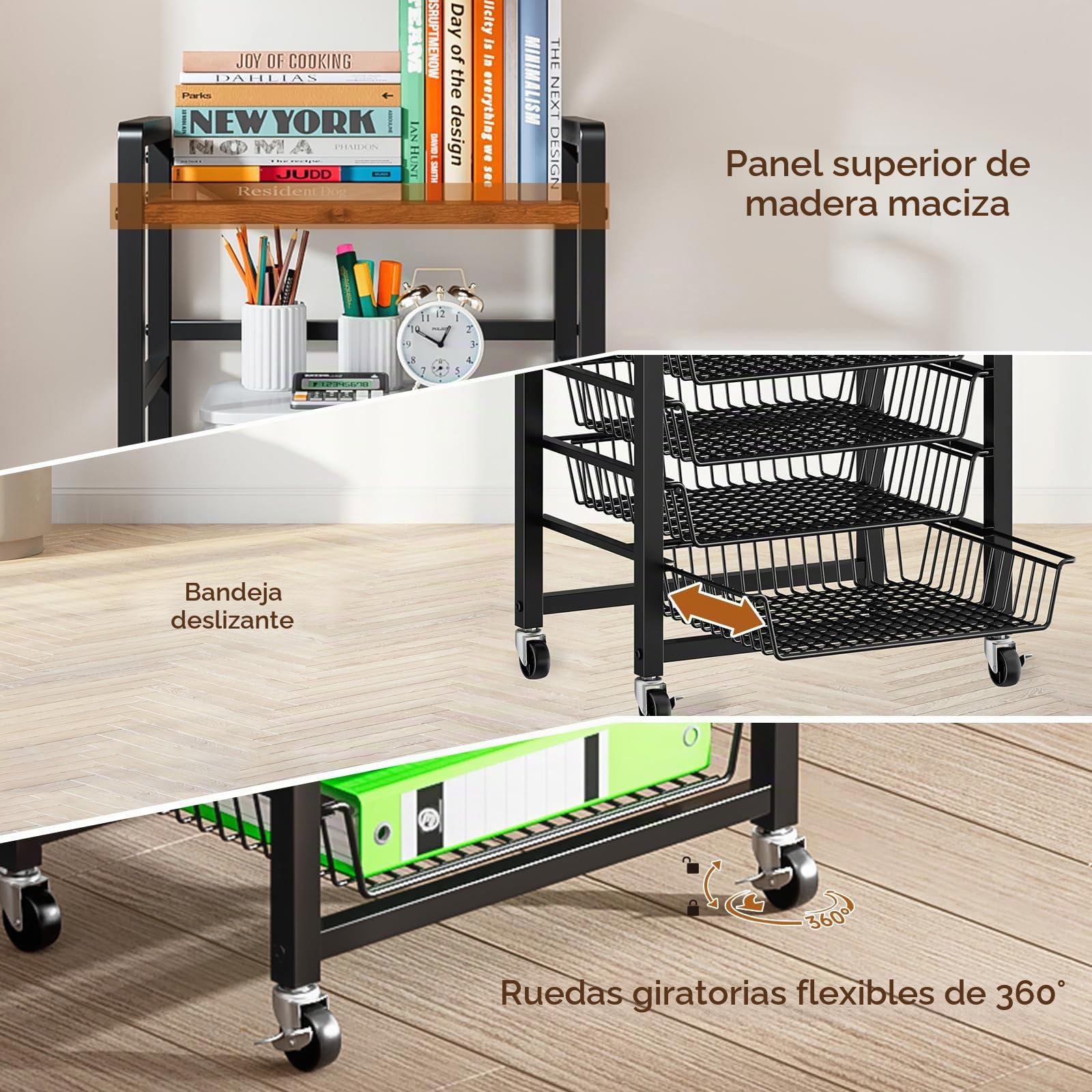 Carrito Organizador Móvil de 8 Niveles con Bandejas Metálicas | Tablero Superior de Madera, Ruedas Giratorias 360°, Negro, 44,5 × 28 × 106,5 cm, para Oficina y Hogar