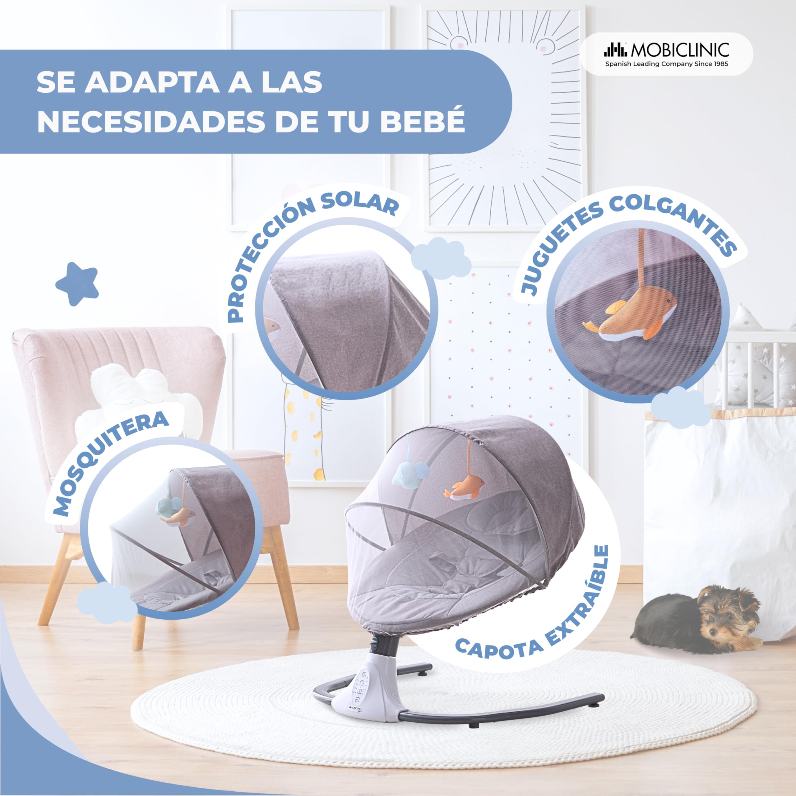 Mobiclinic® kids, Hamaca mecedora, Tuktuk, 4 velocidades ajustables, 0 meses a 18 kg, Arnés de 3 puntos, Mando distancia, 12 canciones incorporadas, Juguetes, Mosquitera, Bluetooth y usb