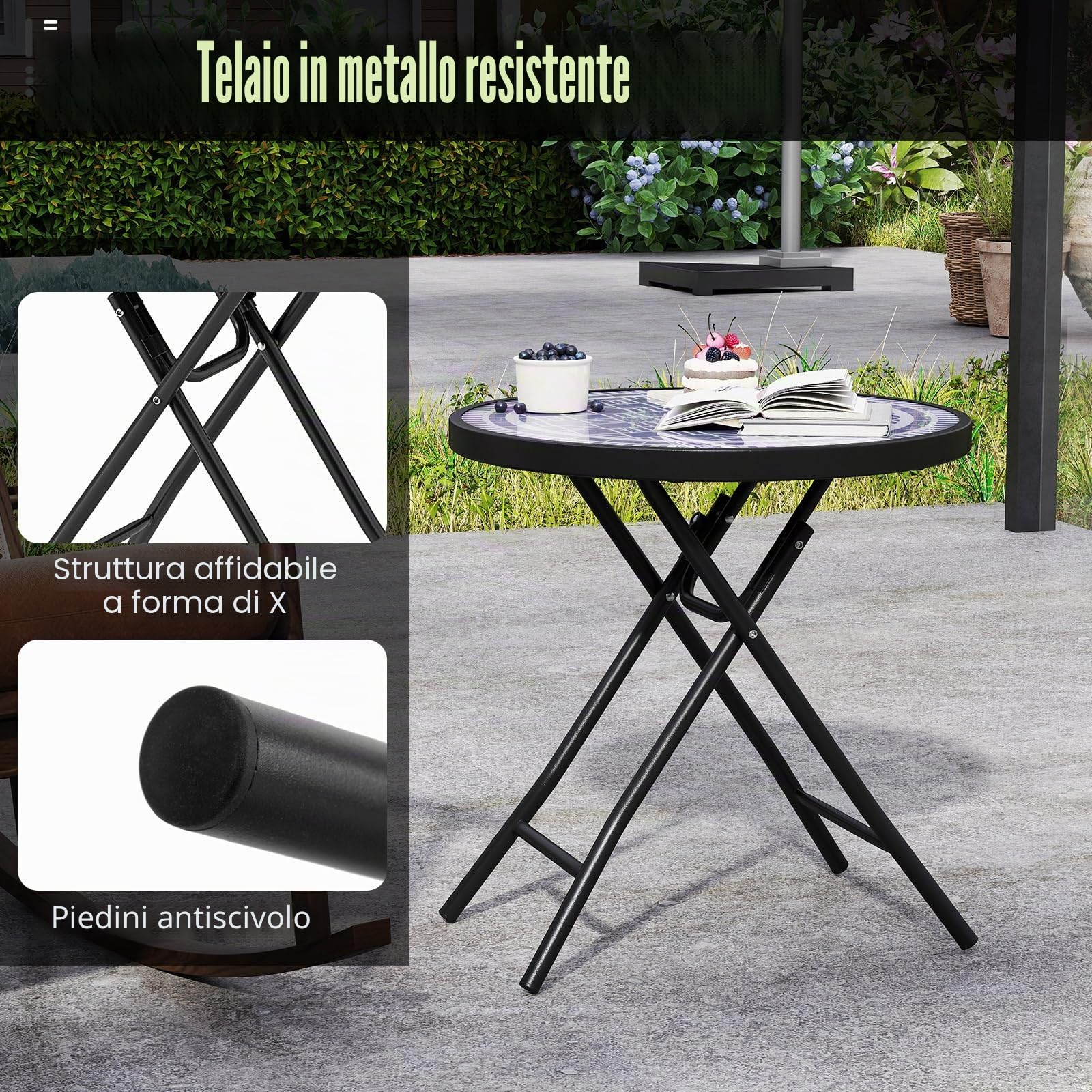 KOMFOTTEU Tavolo da giardino in vetro temperato da 46 cm, tavolino pieghevole con telaio in metallo, tavolo da pranzo rotondo per patio, terrazza, balcone, tavolo laterale per interni ed esterni