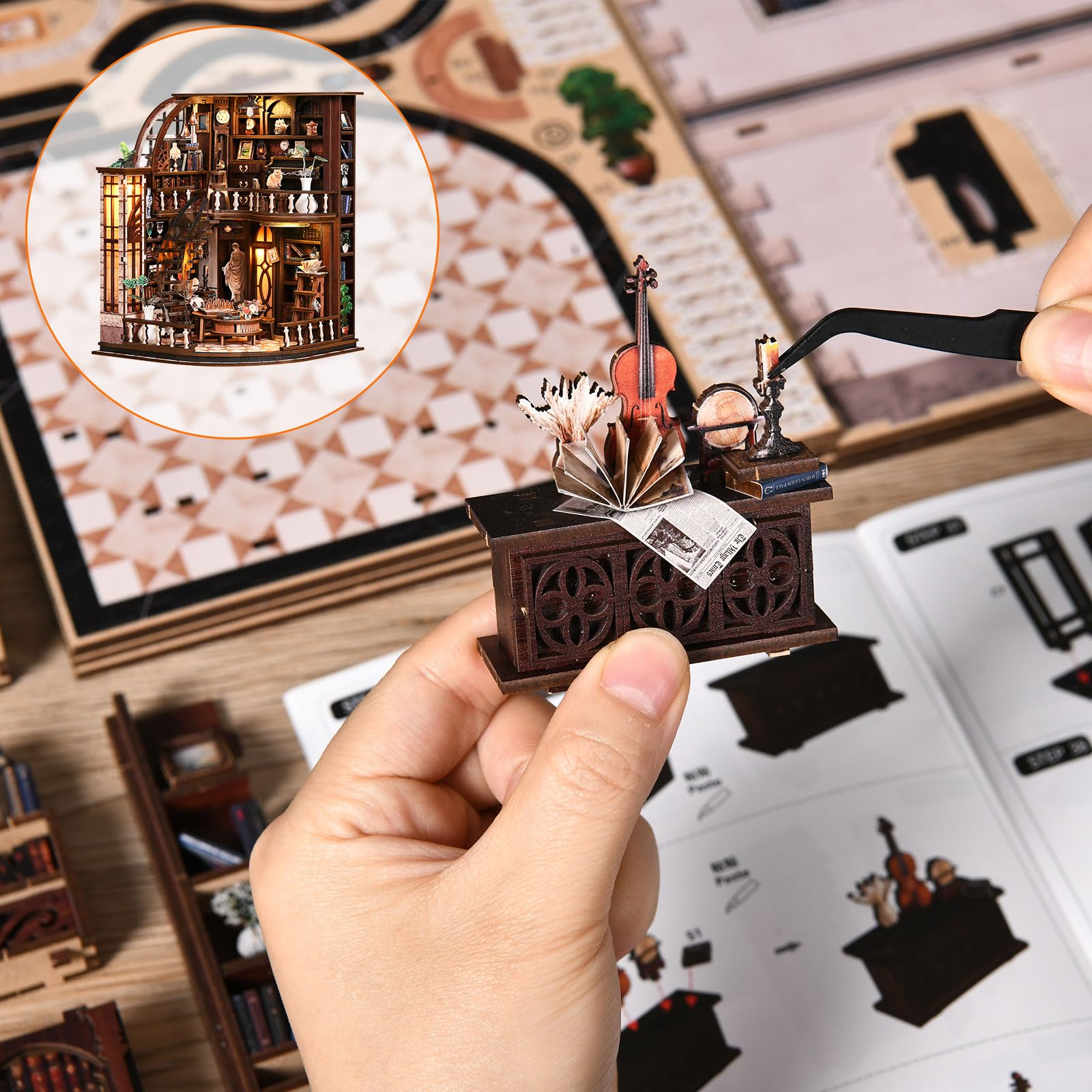 Shrike Zestaw książek DIY – wkład do regału na książki i drewniane puzzle 3D dla dorosłych i młodzieży, podświetlana miniaturowa diorama LED, zestaw do majsterkowania z instrukcją (może nie być