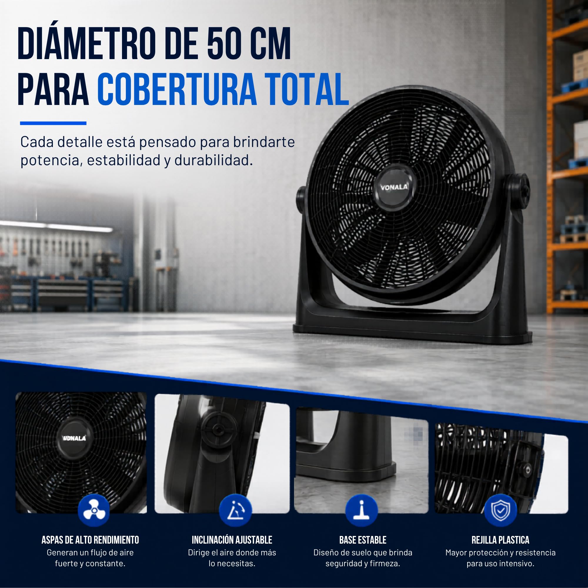 Vonala Ventilador de Suelo y Pared Industrial 100W Ventilador Potente 50cm Silencioso ABS Antivibración Fan Para Exterior e Interior Negro, Ventiladores Potentes Silenciosos