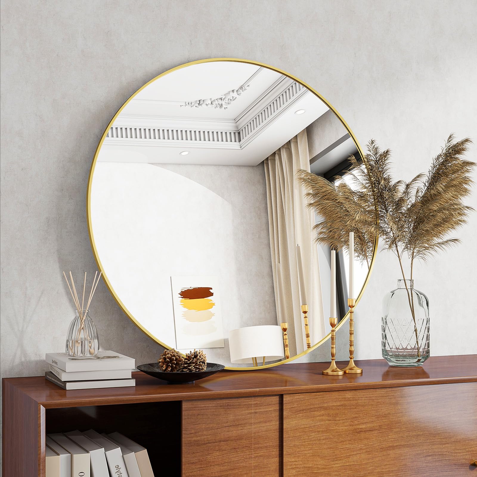 Koonmi 90x90cm Round Wall Mirror, Circle Mirror with Aluminum Alloy Frame and Tempered Glass, Suitable for Bathroom, Bedroom, Hallway, Gold