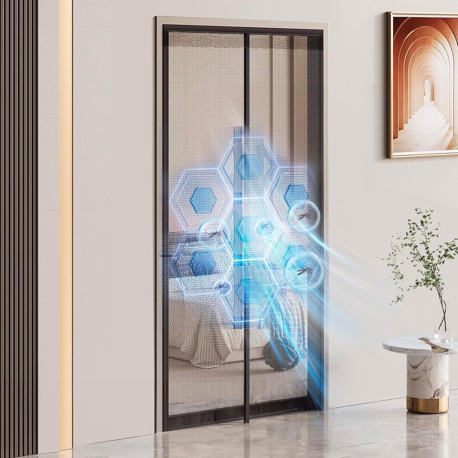 Magnetyczna moskitiera do drzwi i okien, 140 x 240 cm, idealna na balkon, łatwa instalacja, ochrona przed owadami z drobną siatką, automatyczne zamykanie, czarna