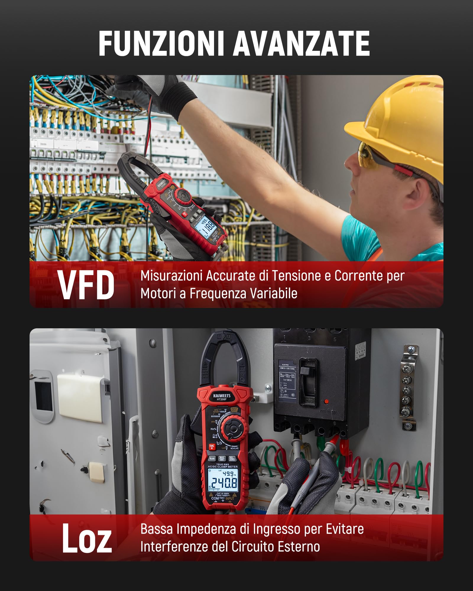 Pinza Amperometrica KAIWEETS AC/DC 1000A, Amperometro Digitale Con Conteggio 6000, Modalità VFD e LOZ, Schermo Bianco e Nero Aggiornato, AC/DC, Resistenza, Capacità, Misurazione Di Sovracorrente