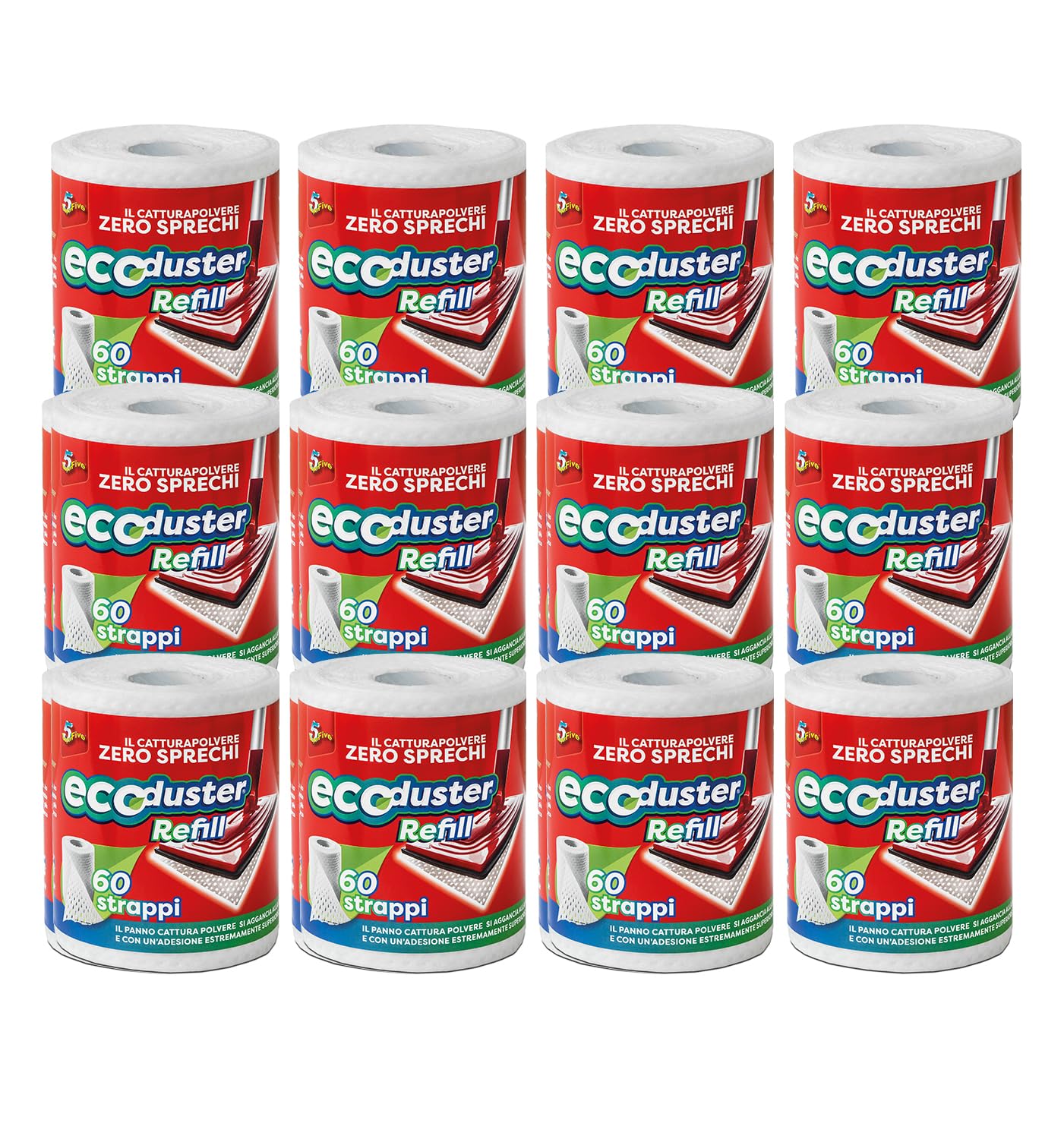 SUPERFIVE, Ecoduster Refill, Ricambio Catturapolvere in Rotolo, Panno Cattura Polvere, Rotolo 60 Strappi, 12 Pack