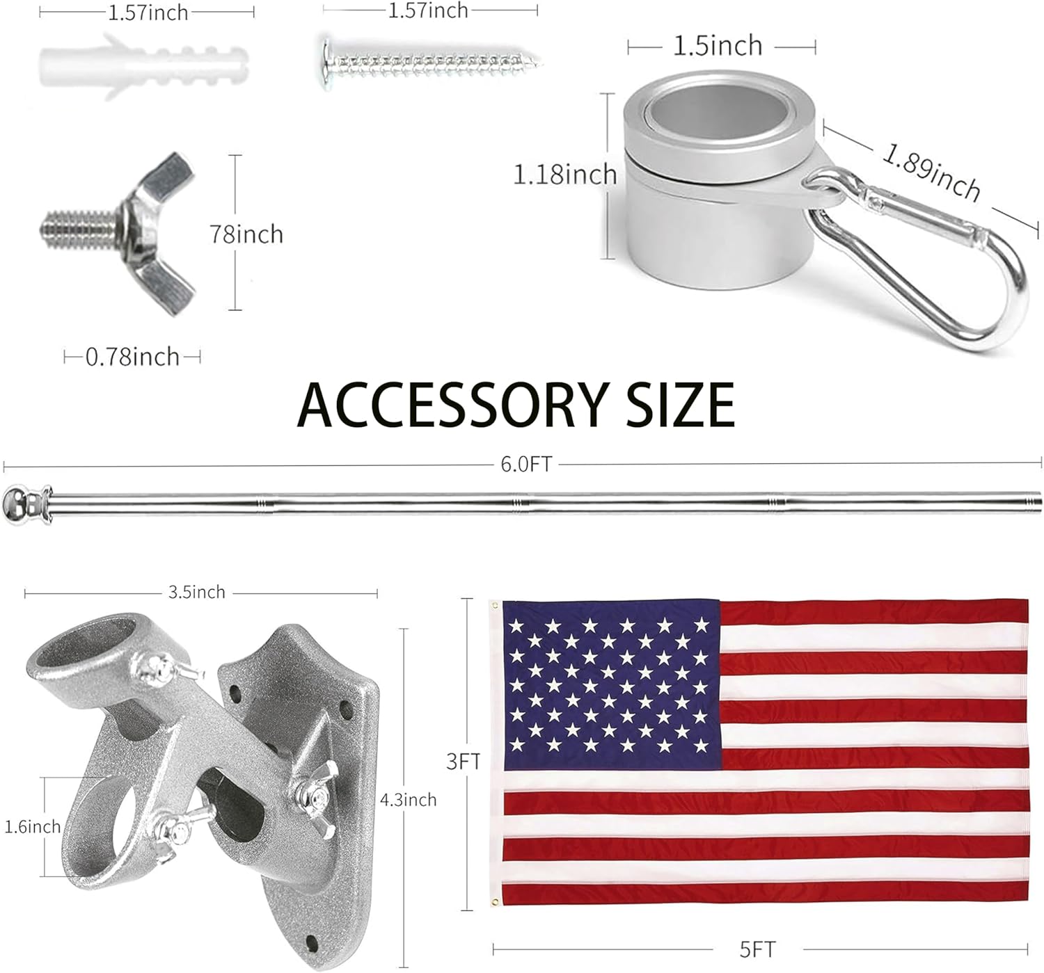 6Ft Stainless Steel Flag Pole,Heavy Duty Nylon 3x5 Ft American Flag,Kit for Outside House Residential or Commerical,Tangle Free Kit Aluminum Alloy Rings and Bracket (Silver Flag Pole) - Image 3