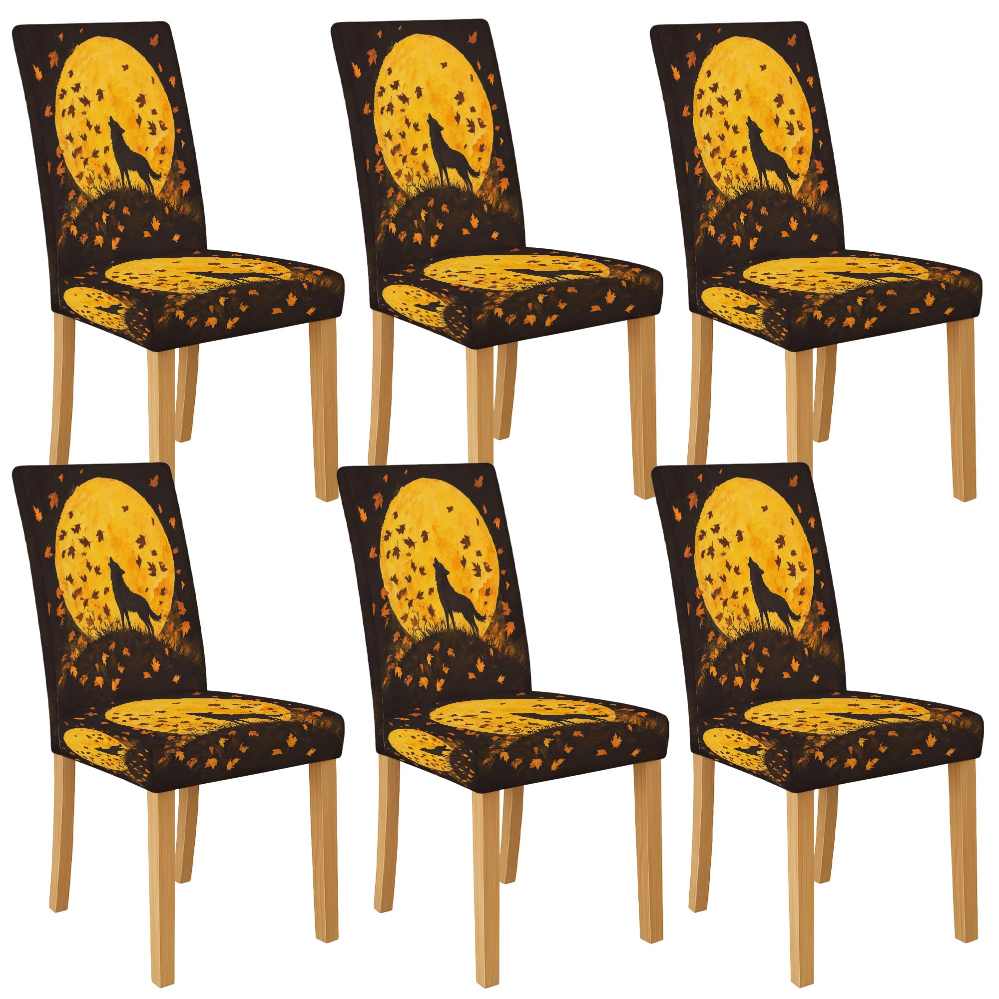 Autumn Moon Wolf Seat Covers for Chairs, Stretch & Washable Spandex Seat Protectors, Decorative Slipcovers for Living Room Dining Area 6PCS