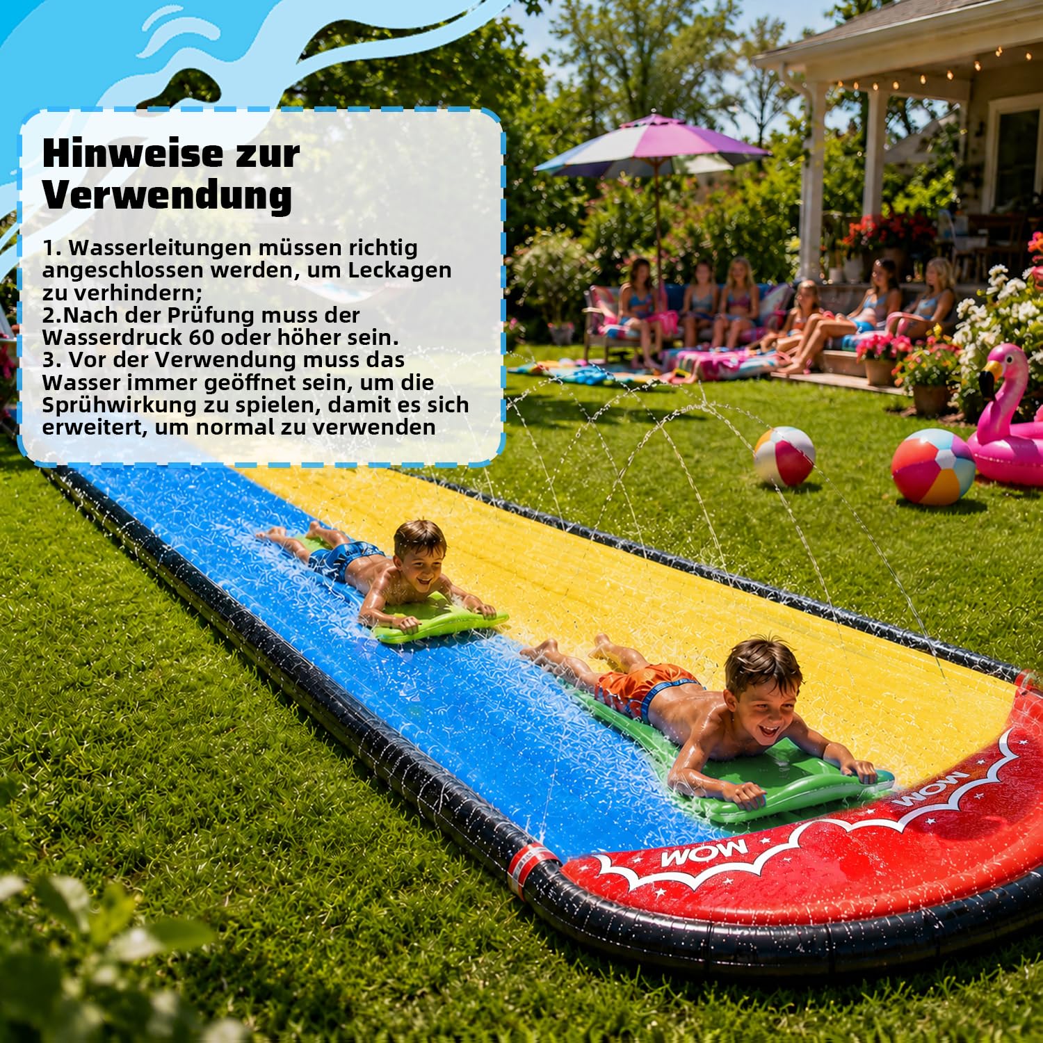 Wasserrutsche 15.75ft/480cm mit 2 Bodyboards eingebautem Sprinkler für Kinder Blau Gelb