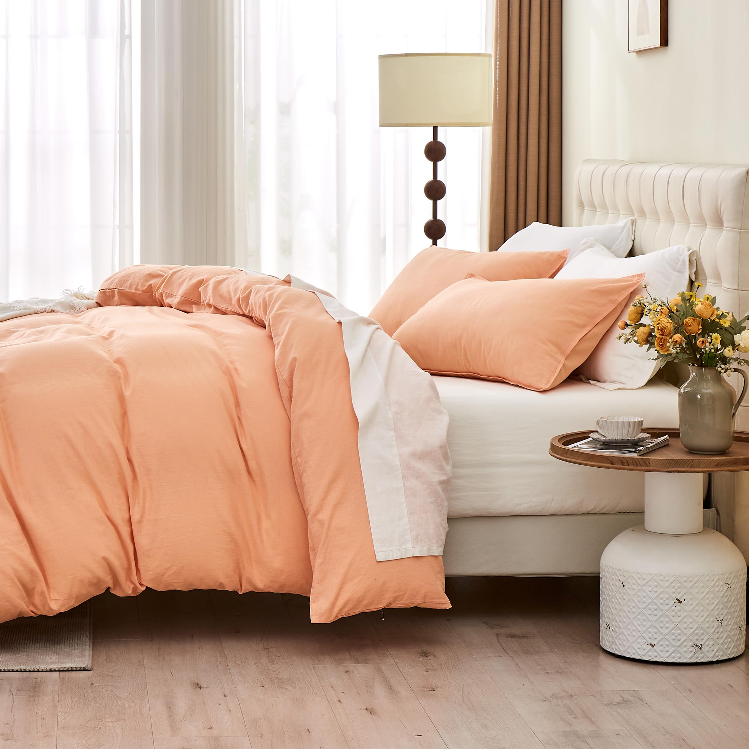 Simple&Opulence Funda Nordica 230x220 cm con Funda de Almohada 50x75cm -Juego de Funda Nordica Cama 135 de Lino y Algodón, Suave,Transpirable y Cómodo para Todo el Año,Melocotón