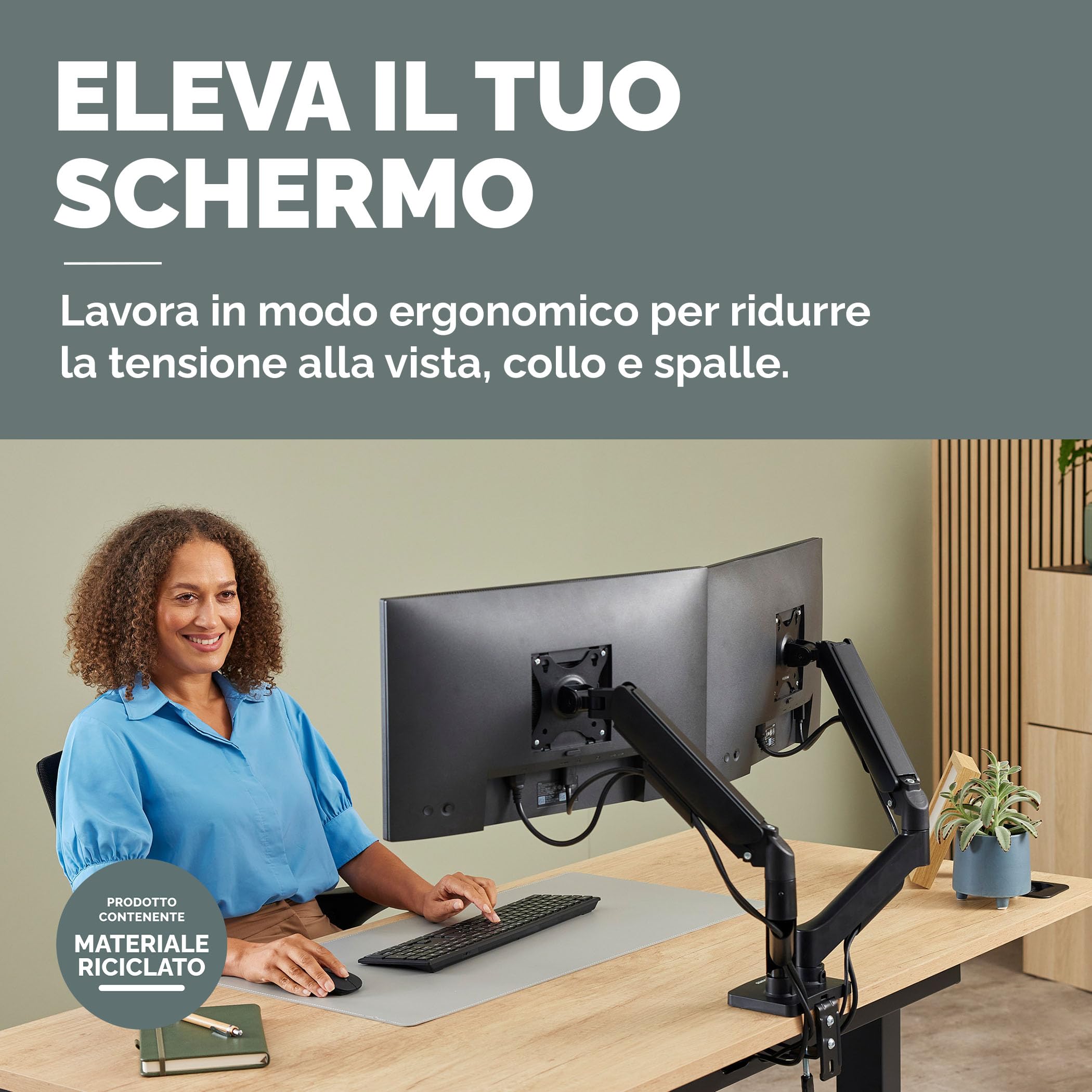 Fellowes Braccio Monitor Doppio Everyday Plus – Supporta 2 schermi 17"-32" (2-9 kg ciascuno), regolabile in altezza, inclinazione e rotazione, VESA 75/100, a morsetto o foro passante - Nero