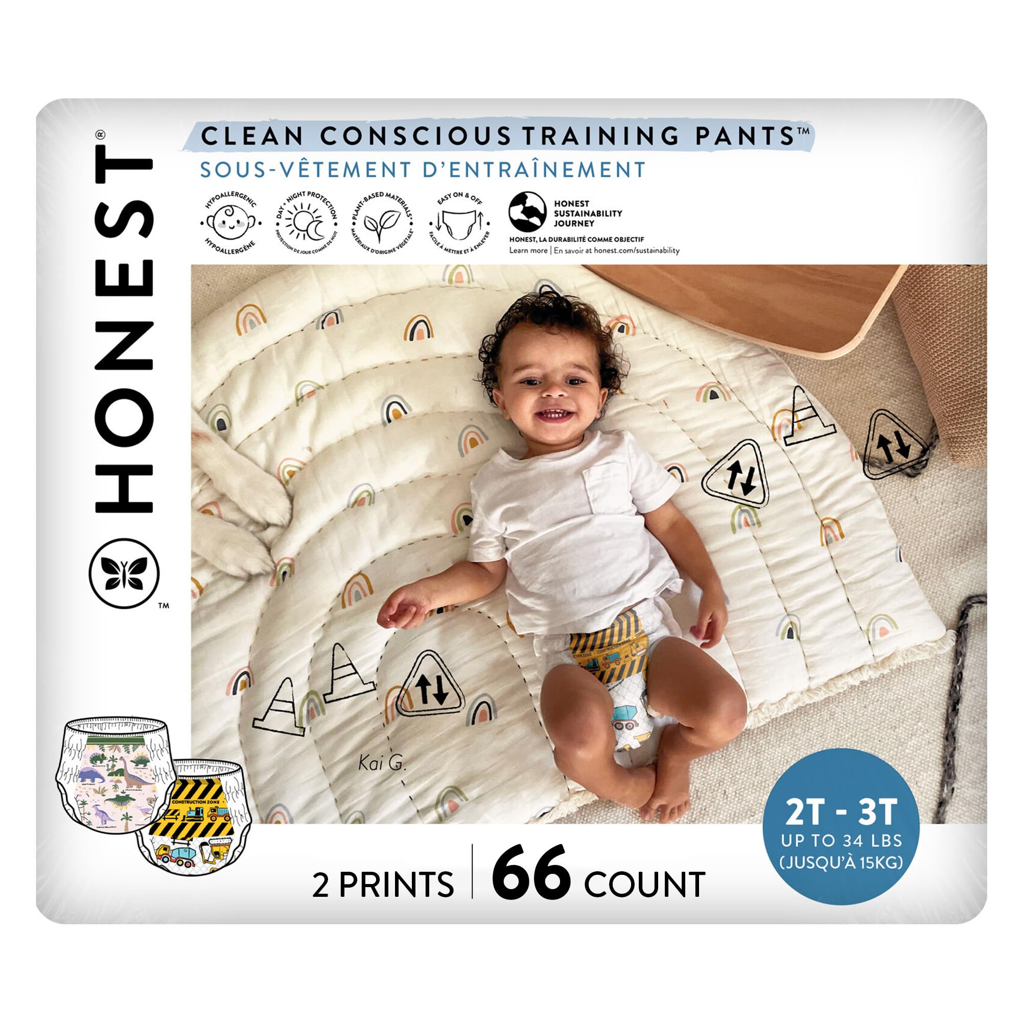 The Honest Company Clean Conscious Training Pants | Plant-Based, Sustainable Diapers | Rompin' & Stompin' + Diggin' It | Size 2T/3T (up to 34 lbs), 66 Count